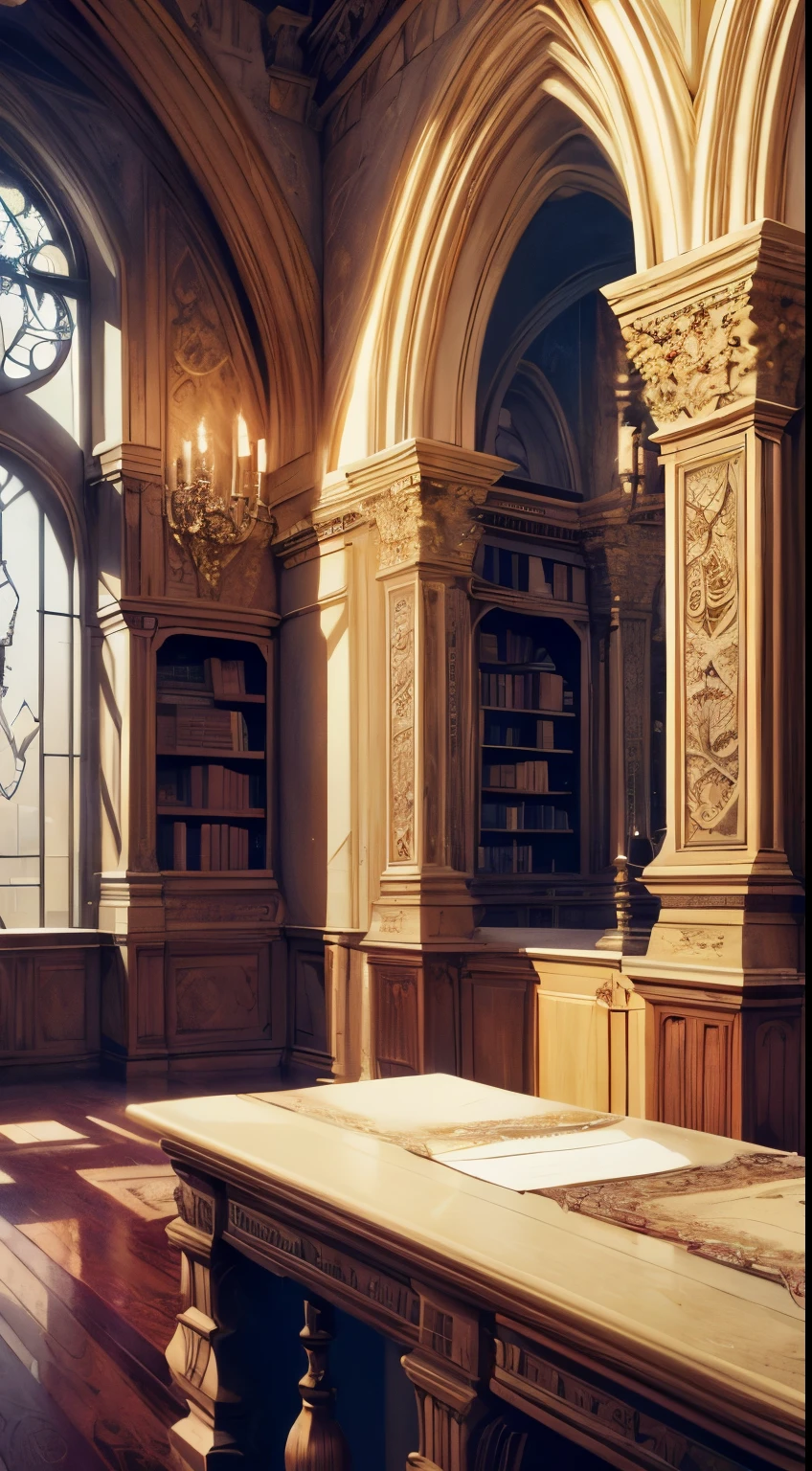 ((Best quality)), ((Masterpiece)), ((ultra detailed)), (Illustration), (Detailed light), castle room,  with fireplace, bookcases, , Gothic interior, Stone walls, stone ceilings, stone floor, gothic castle, cartoon style, anime style