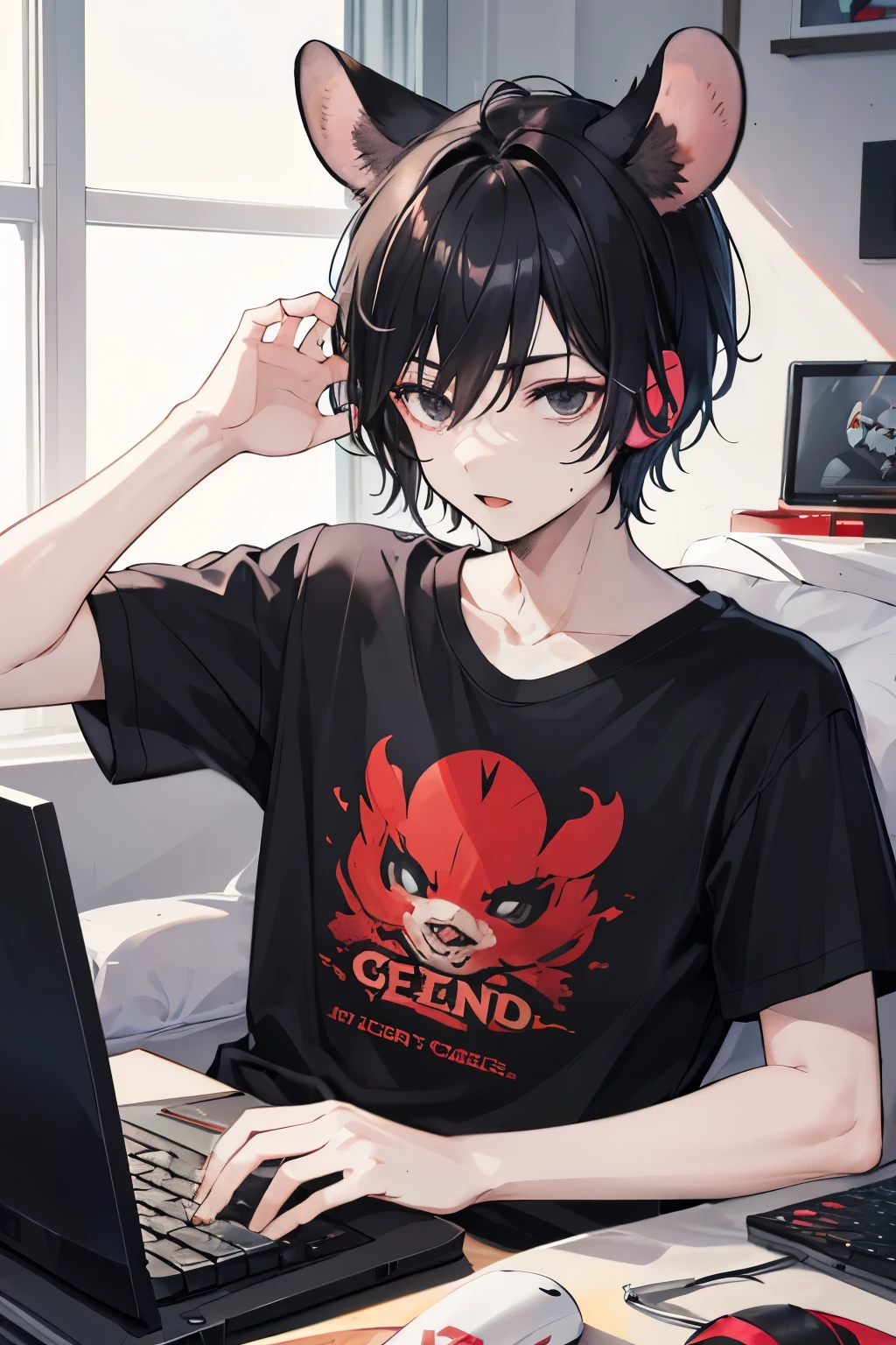 Teenager boy who loves games, using head set gamer, he is a furry, he has mice ears, rat ears. His hair is short and dark black color. He's using a red t-shirt. He is playing league of legends. He has dark black eyes. Short hair