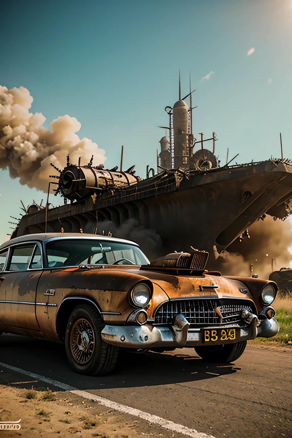 faithful image of an old rusty 1955 cadilac eldorado with spikes and spikes on the hood, carro steampunk, dramatic art, estilo de arte dieselpunk, apocalyptic road warrior vibe, a girl with sunglasses is inside the car, Arte digital surreal, Mad Max inspirado, heavy metallic artwork, simetria da face cromada, arte Steampunk digital, It&#39;s not the Mad Max style, metallic art, It&#39;s not Filip Hodas&#39; art style, arte digital steampunk, dieselpunk, em um mundo hightech
