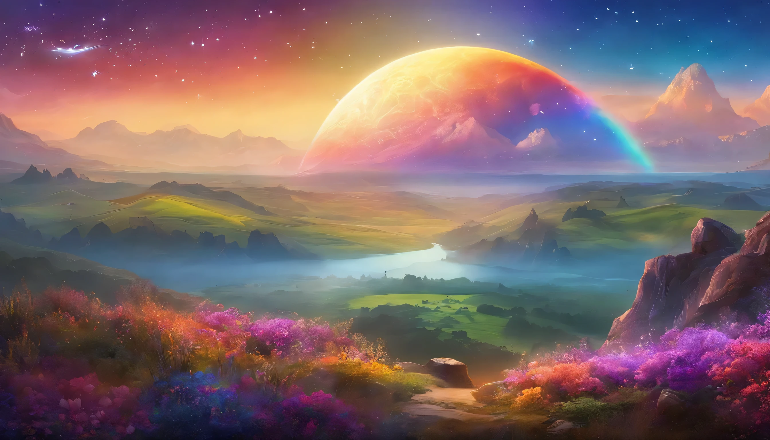 vast landscape photography, (bottom view, the sky is above、The fields are below), flower garden, (full moon: 1.2), (meteor: 0.9), (nebula: 1.3), distant mountain々, arbores break craft art, (warm light: 1.2), (firefly: 1.2), light, lots of purple and orange, intricate details, voluminous lighting, Realism BREAK (masterpiece: 1.2), (better quality), 4k, Super detailed, (dynamic composition: 1.4), Highly detailed and colorful details, (Rainbow-colored: 1.2), (bright lighting, atmosphere lighting), dreamer, magic, (alone: 1.2)
