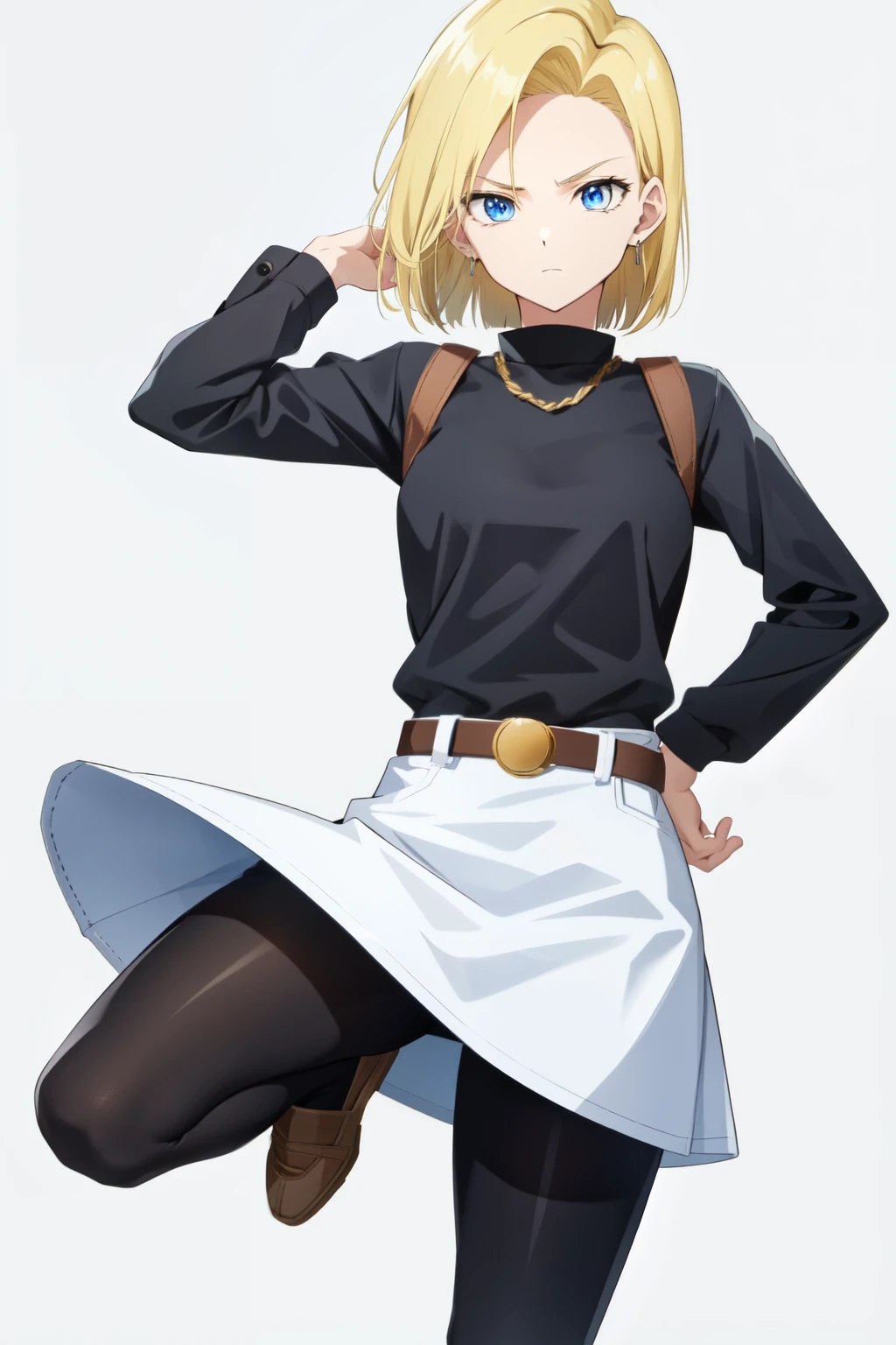 android 18, belt, put your hand on your waist, looking at the viewer, denim, white background, black shirt, short hair, denim skirt, alone, skirt, blonde hair, brown belt, blue eyes, Striped sleeves, closed mouth, shirt, 1 girl, earrings, simple background, jewelry, pantyhose, long sleeve 