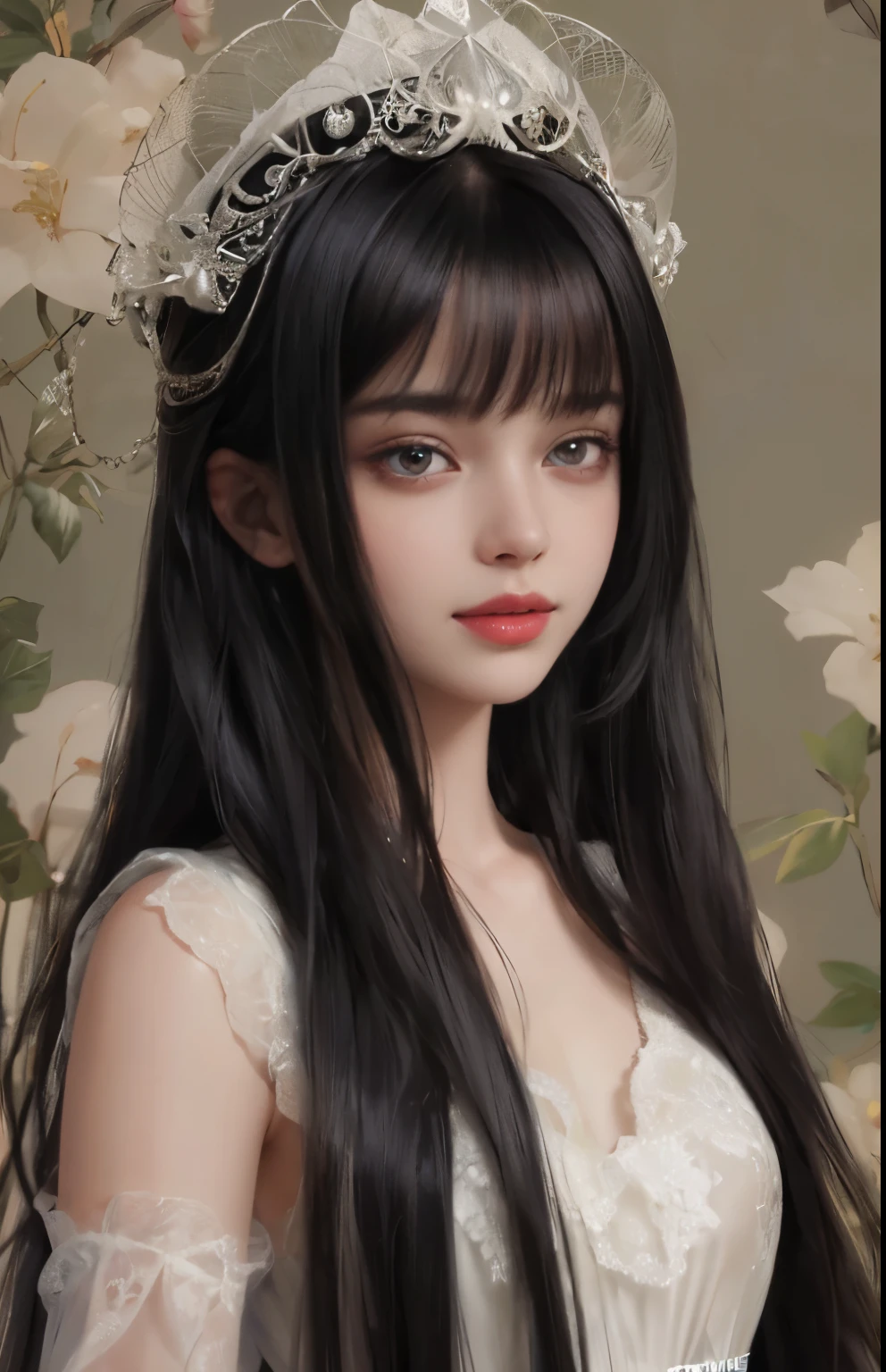 (surreal), (shape), (Improved resolution), (8k), (very detailed), (Best shape), (beautiful and detailed eyes), (highest quality), (Super detailed), (masterpiece ), ( wallpaper), (detailed face), 1 girl, , white dress, looking at the viewer, small details, detailed face, in the dark, deep shadow, private key, Pure erotic face ace_v1, smile, long hair, black shawl straight hair , 46 point diagonal bangs