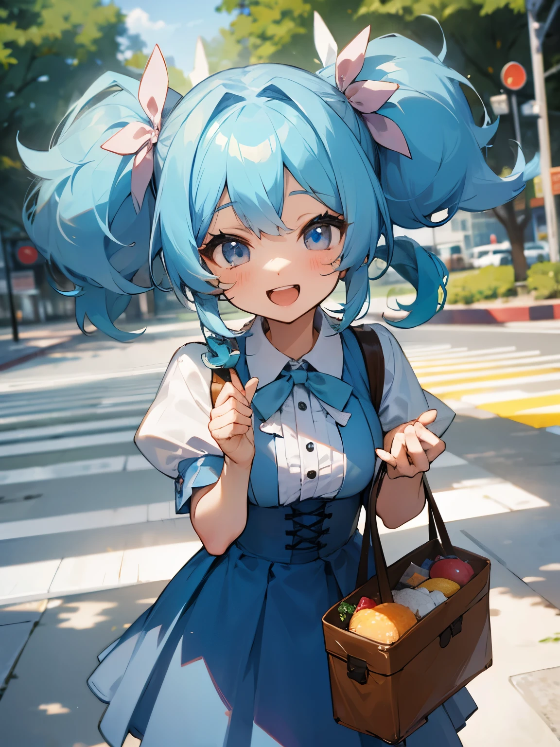 Picnic bento outside square garden twintails girl light blue hair cute