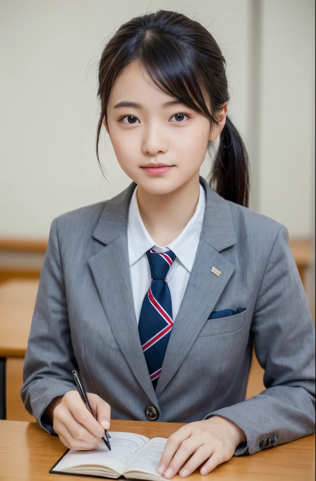 ((top quality, 8k, table top: 1.3)), beauty, 1 Japanese girl, black hair, 15 years old, studying on the desk, (((combed-back hair:1.5, lower ponytail))), face focus, detailed face, highly detailed lips, fine eyes, (((narrow eyes))), double eyelid, sweaty skin: 1.2, (((school uniform, gray blazer))), opened books on the desk,