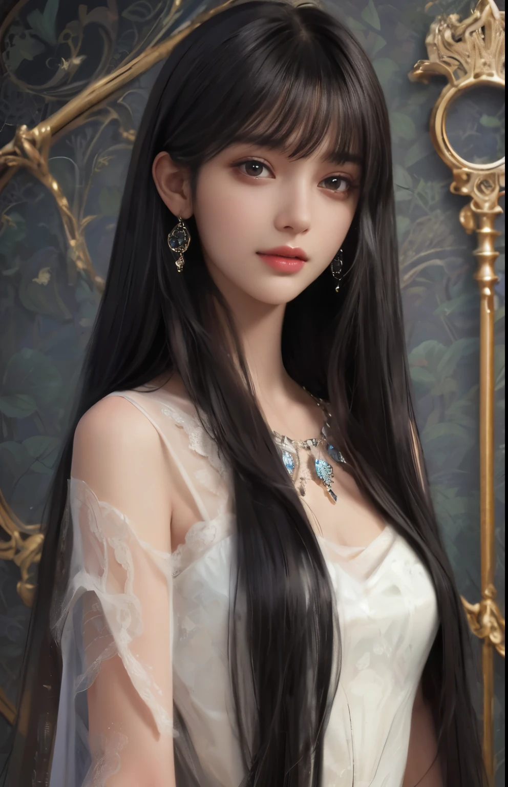 (surreal), (shape), (Improved resolution), (8k), (very detailed), (Best shape), (beautiful and detailed eyes), (highest quality), (Super detailed), (masterpiece ), ( wallpaper), (detailed face), 1 girl, 17 years old, white dress, looking at the viewer, small details, detailed face, in the dark, deep shadow, private key, Pure erotic face ace_v1, smile, long hair, black shawl straight hair , 46 point diagonal bangs
