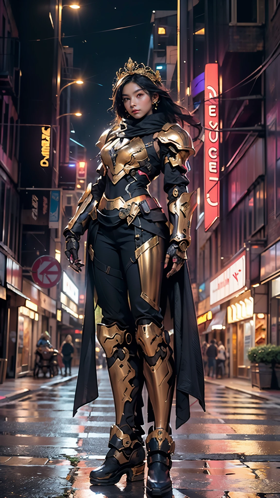 A woman adorned in fantasy-style full-body armor, a crown-concept fully enclosed helmet that unveils only her eyes, a composite layered chest plate, fully encompassing shoulder and hand guards, a lightweight waist armor, form-fitting shin guards, the overall design is heavy-duty yet flexible, ((the armor gleams with a golden glow, complemented by red and blue accents)), exhibiting a noble aura, she floats above the Futuristic city, this character embodies a finely crafted fantasy-surreal style armored hero in anime style, exquisite and mature manga art style, (Queen bee mixed with Spider concept Armor, photorealistic:1.4, real texture material:1.2, professional photo, cinematic), ((city night view, element, energy, elegant, goddess, femminine:1.5)), metallic, high definition, best quality, highres, ultra-detailed, ultra-fine painting, extremely delicate, anatomically correct, symmetrical face, extremely detailed eyes and face, high quality eyes, creativity, RAW photo, UHD, 32k, Natural light, cinematic lighting, masterpiece-anatomy-perfect, masterpiece:1.5