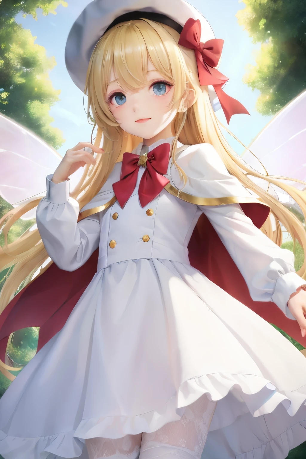 Touhou 1 girl, Lily White, fairy, pink fairy wings, golden hair, blue eyes, {{{white triangle hat and white dress}}}, ribbon on hat, cherry blossom background, crystals texture, metal texture, golden texture, HQ, wallpaper, official art, 4k8k, masterpiece, best quality, ultra detailed, hyper extreme detailed, an extreme delicate and beautiful, illustration, painted by professional illustratior