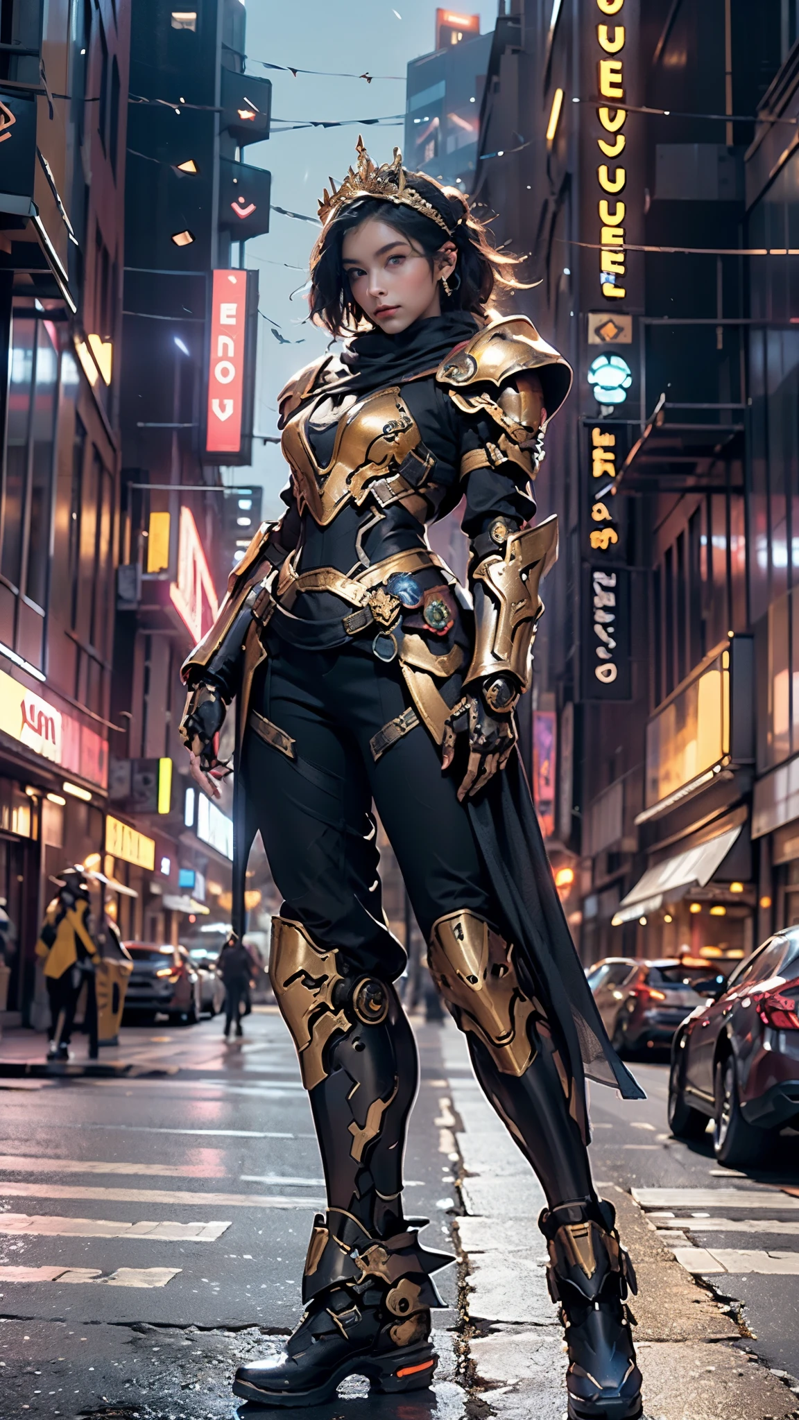 A woman adorned in fantasy-style full-body armor, a crown-concept fully enclosed helmet that unveils only her eyes, a composite layered chest plate, fully encompassing shoulder and hand guards, a lightweight waist armor, form-fitting shin guards, the overall design is heavy-duty yet flexible, ((the armor gleams with a golden glow, complemented by red and blue accents)), exhibiting a noble aura, she floats above the Futuristic city, this character embodies a finely crafted fantasy-surreal style armored hero in anime style, exquisite and mature manga art style, (Queen bee mixed with Spider concept Armor, photorealistic:1.4, real texture material:1.2, professional photo, cinematic), ((city night view, element, energy, elegant, goddess, femminine:1.5)), metallic, high definition, best quality, highres, ultra-detailed, ultra-fine painting, extremely delicate, anatomically correct, symmetrical face, extremely detailed eyes and face, high quality eyes, creativity, RAW photo, UHD, 32k, Natural light, cinematic lighting, masterpiece-anatomy-perfect, masterpiece:1.5