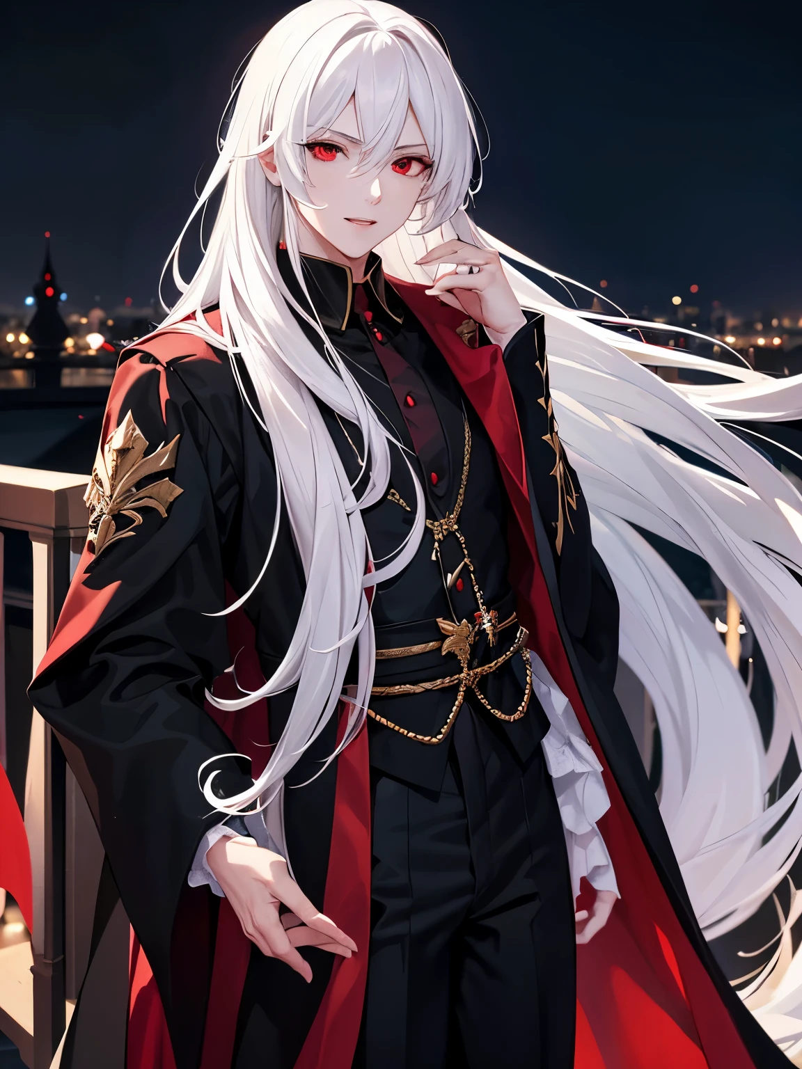1 man, 30 years old,Stand on the balcony,at night,vampire king, white hair, long hair, red eyes, black shirt, black pants, long robe, vampire teeth, in the vampire palace, ultra detail, perfect face, clear face, HD face,Ultra detailed face