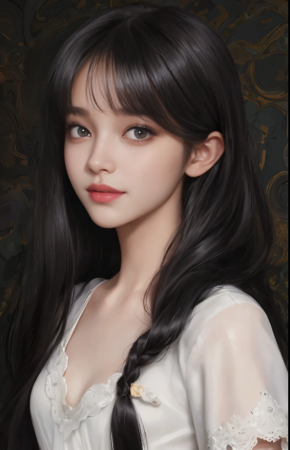 (surreal), (shape), (Improved resolution), (8k), (very detailed), (Best shape), (beautiful and detailed eyes), (highest quality), (Super detailed), (masterpiece ), ( wallpaper), (detailed face), 1 girl, 17 years old, white dress, looking at the viewer, small details, detailed face, in the dark, deep shadow, private key, Pure erotic face ace_v1, smile, long hair, black shawl straight hair , 46 point diagonal bangs