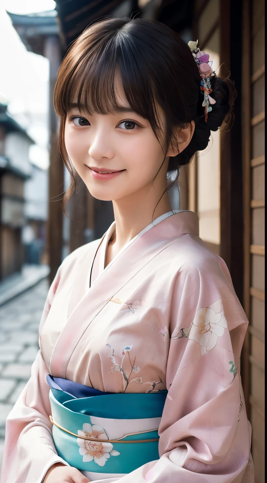 professional lighting,(Photoreal:1.4), (Top image quality:1.0), (超A high resolution:1.0), 8k, Raw photography, (masterpiece:0.2), (Pueros face_v1:0.5)、(最高quality Detail:1.2)、realistic、8k UHD、High resolution、(1 girl:1.2)、超detailedな、High quality textures、intricate details、detailed、Very detailed CG、High quality shadows、detailed 美しく繊細な顔、Beautiful details and delicate eyes、(symmetrical eyes:1.2),Depth of the bounds written、ray tracing,1 girl, japanese girl, (natural smile:1.4),cute, thin, Portrait of a beautiful Japanese woman wearing a kimono, Standing elegantly on a street corner in Kyoto. A kimono with bright traditional patterns, Hair decorated with an elegant and delicate hairpin, and a gentle expression. (Against the backdrop of the old streets of Kyoto:1.4)、soft light on a spring afternoon、adds tranquility to the scene. Rendered in a realistic style with great attention to detail, High resolutionの画像.sky porn, magic hour, (realistic:1.3), finely, quality, (table top:1.2), (realistic:1.2), (最高quality), (複雑なdetailed), dramatic, ray tracing, photograph, +roller