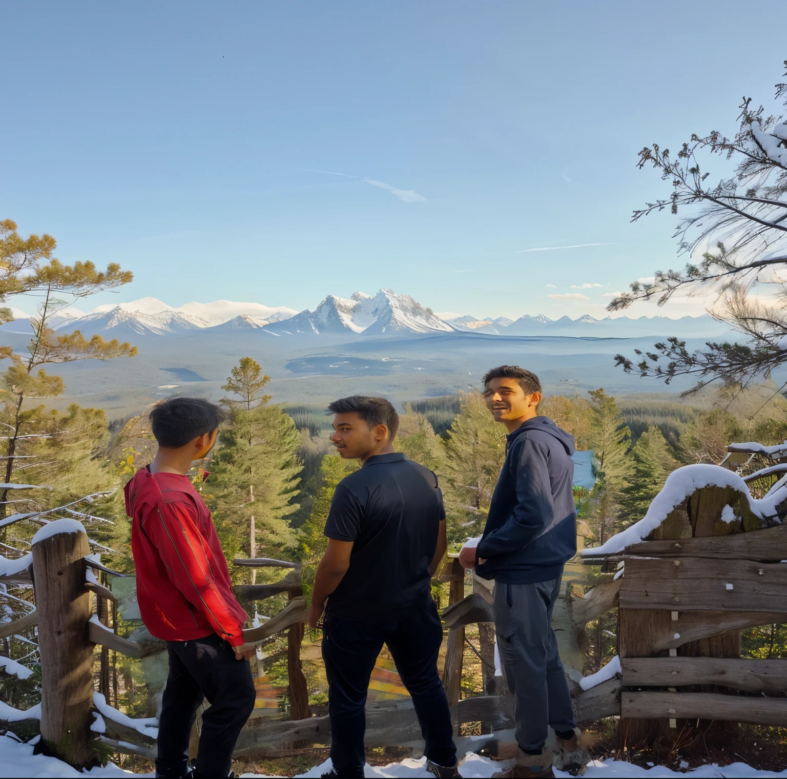 very beautiful forest background, pleateau forest, huge snowy mountain range in distance