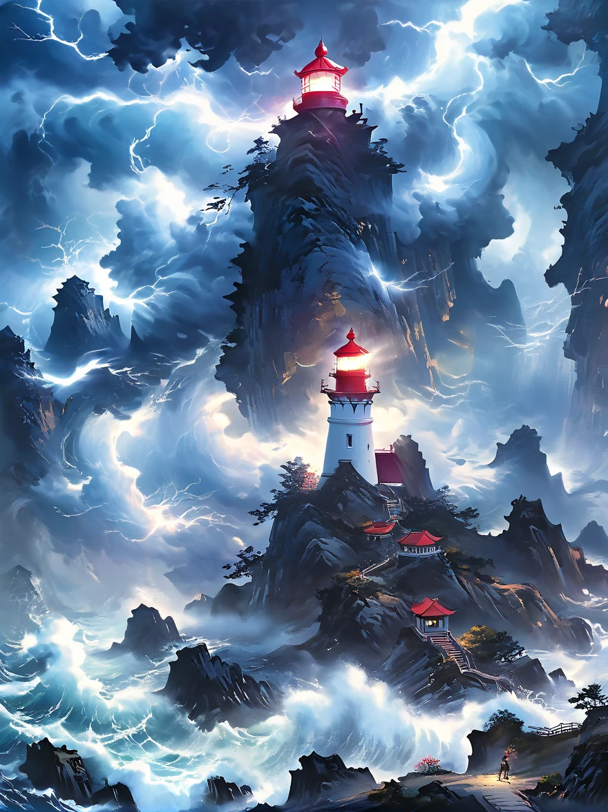 (close up:1.8)，Super detailed，((Chinese ink style:1.5))，Chinese dream landscape，violent storms, (( lighthouse:1.5)), chaotic darkness, angry cloud, lightning, rolling foam waves, hit hard, steady light, unwavering beam, ((A beacon of hope and guidance in the storm:1.8))，magical atmosphere，Thrilling and tense scenes，Surreal and ethereal colors、textured landscape、otherworldly environment、magnificent view、Hazy and mysterious atmosphere、dramatic light and shadow、Unique rock formations、Thrilling sense of adventure、Amazing natural wonders、A sense of grandeur and scale，Endless possibilities to explore，bright beacon，(Highly detailed lighthouse appearance，majestic lighthouse:1.5)