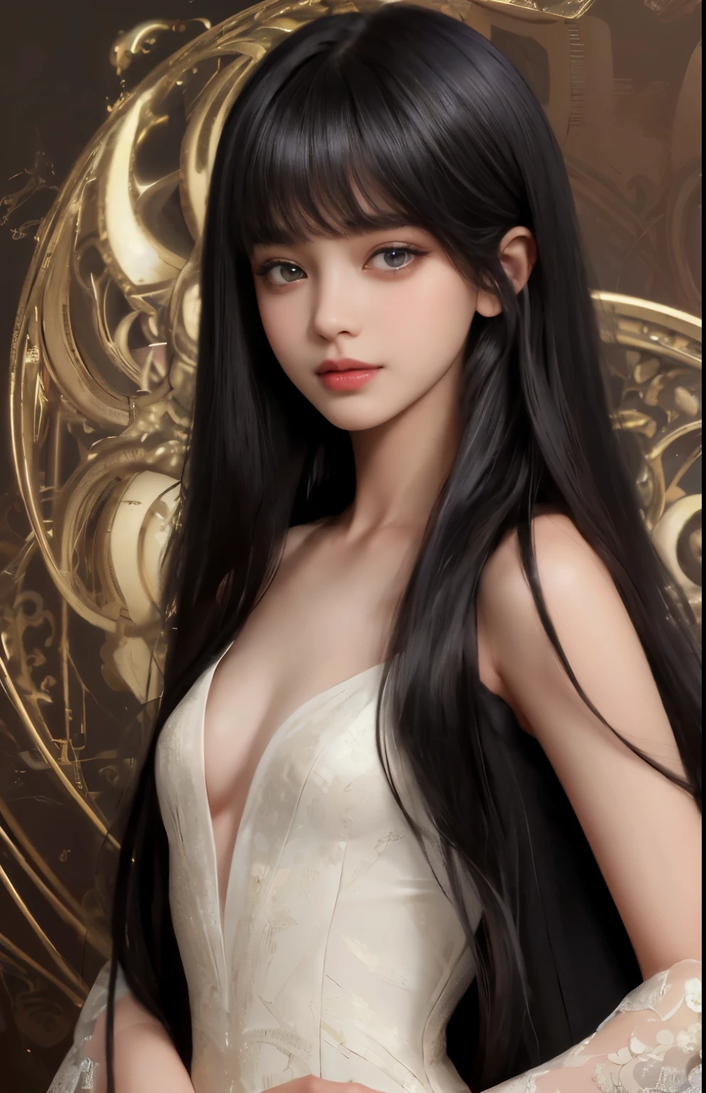 (surreal), (shape), (Improved resolution), (8k), (very detailed), (Best shape), (beautiful and detailed eyes), (highest quality), (Super detailed), (masterpiece ), ( wallpaper), (detailed face), 1 girl, 17 years old, white dress, looking at the viewer, small details, detailed face, in the dark, deep shadow, private key, Pure erotic face ace_v1, smile, long hair, black shawl straight hair , 46 point diagonal bangs