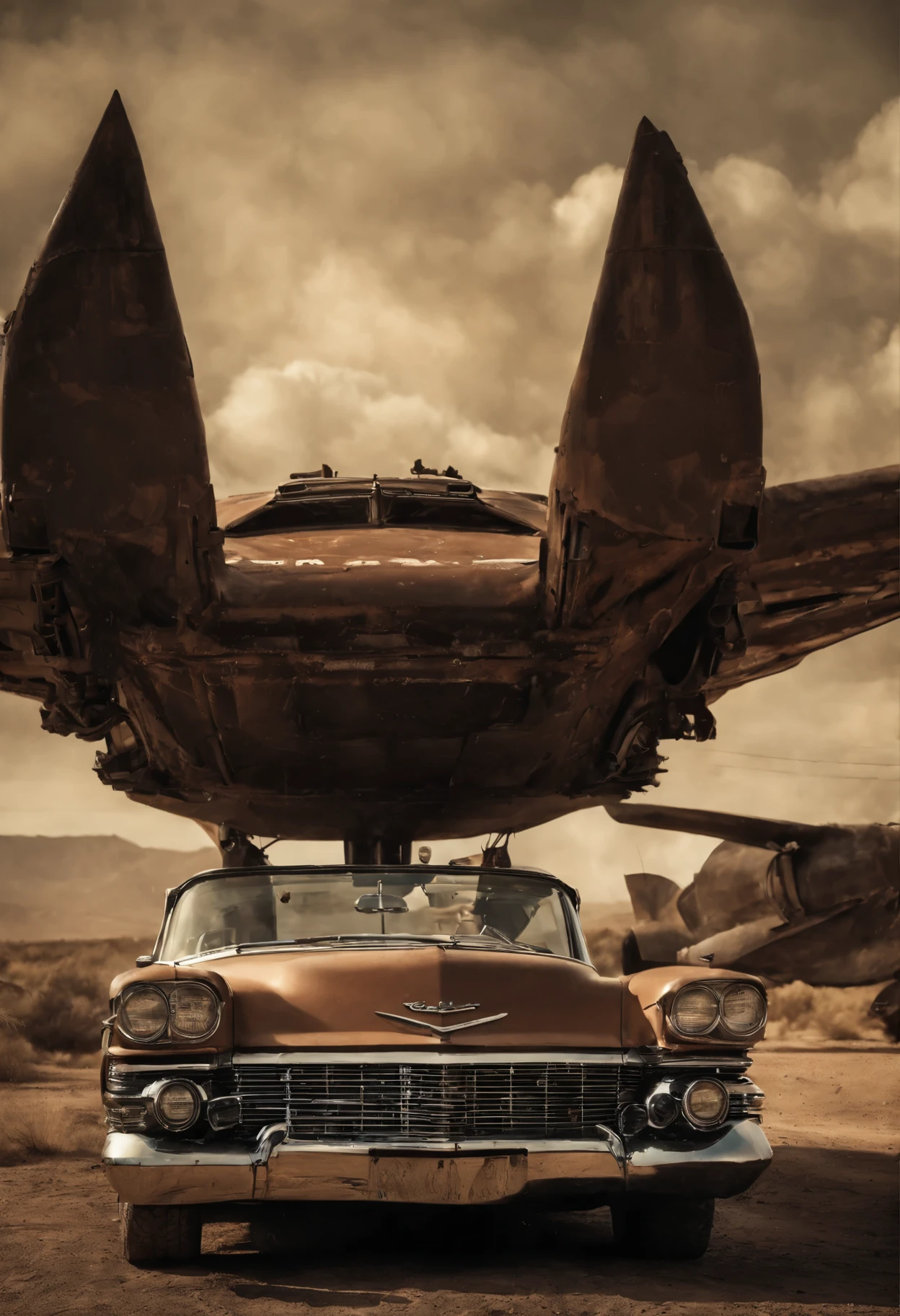faithful image of a rusty old 1955 cadilac eldorado with spikes and spikes on the hood, carro steampunk, dramatic art, estilo de arte dieselpunk, apocalyptic road warrior vibe, a girl wearing sunglasses is inside the car, arte digital surrealista, Mad Max inspirado, heavy metallic artwork, simetria da face cromada, arte steampunk digital, no estilo Mad Max, metallic art, not art style by Filip Hodas, arte digital steampunk, dieselpunk, em um mundo hightech
