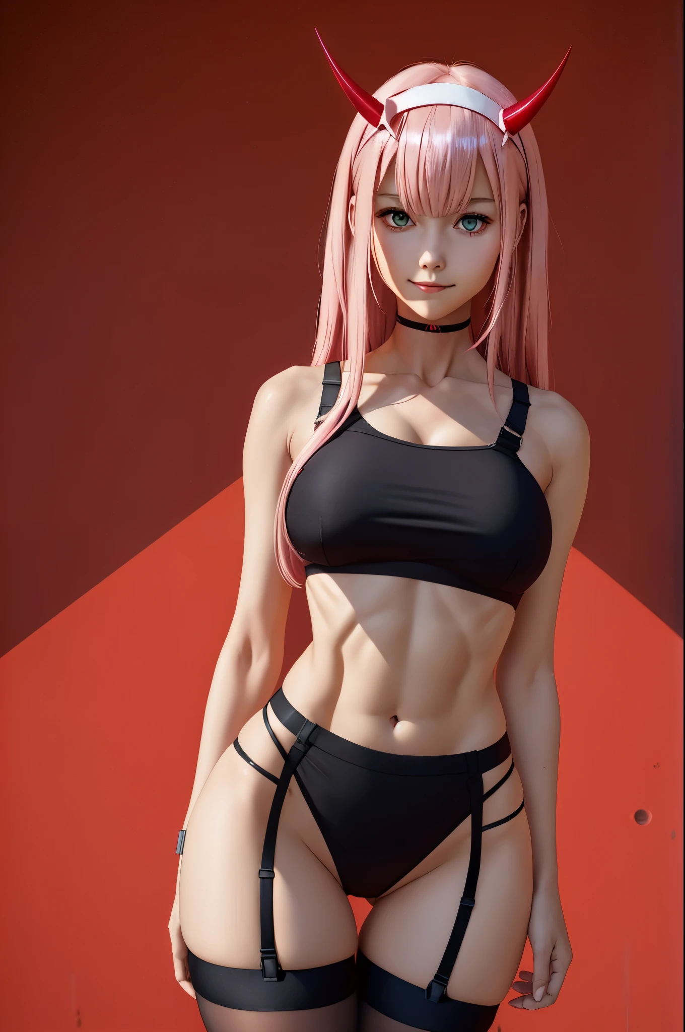 1 girl, Zero Two (Darling in the Franxx) with red horns and red eyeliner, wearing a hairband, shimmering pink hair peeking out from under a strict white hairband. Her smirk reveals her slender but beautiful figure, clad in a crop top that exposes her toned stomach, abs, and navel. Her collarbone is accentuated by a red gradient background. abandoning modesty, she looks down at the viewer, revealed are her large breasts covered by black panties with a thigh strap, black stockings, and an upskirt that tantalizes with a glimpse of her ass. The background text reads "fuck me," adding to the