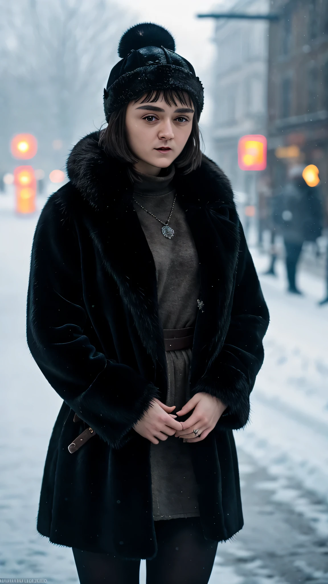 frostpunk, (sks woman:1) as Arya Stark, fur hat, make-up, long black fur coat, high heels, earrings, rings, standing in the winter street, ((full body biew)), 1woman, solo, beautiful detailed glow, detailed, cinematic light, intricate detail, realistic, highres, detailed facial features, high detail, sharp focus, smooth, aesthetic, extremely detailed, stamp, octane render