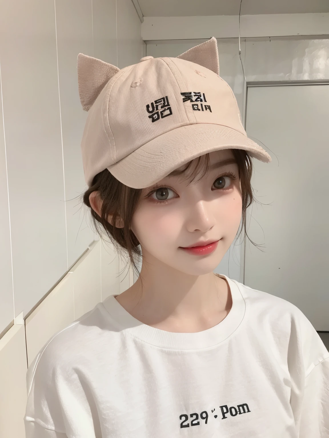Best image quality、original photo、ultra high resolution、21 years old Korean、small breasts、dynamic angle、Cowboy shooting、The most beautiful form of chaos、elegant、Innovative design、bright colors、,light brown short hair、disheveled hair、light brown eyes 、black baseball cap(表情Smile)、short bob、Smile、Fair and shiny skin、beautiful eyes,random colors、The details are very beautiful、thin lips、细致beautiful eyes、elongated eyes、pale pink cheeks、long eyelashes、beautiful double eyelids、eye shadow、he、White big T-shirt sweatshirt、baggy pants、Shot from the side、sexy pose、enlarge