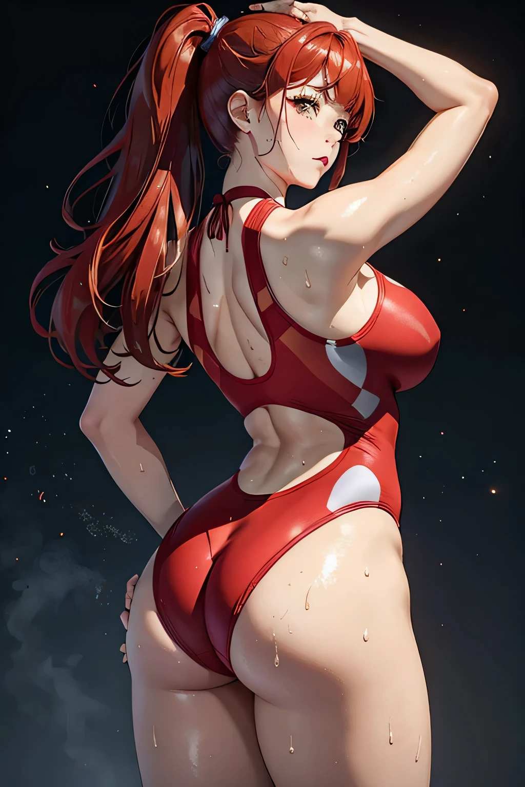 view from behind、open your legs、Focus on the crotch、actual、Super high chroma、8k、Long red hair(((30 year old woman)))、((((She is wearing a red competition swimsuit。))))、competitive swimmer、big breasts、Thick thighs、Pay attention to muscle development。競泳プールolympic Comcompetitive swimmerics stadium 美しい顔, Highly detailed face and skin textures, A disdainful expression appeared on his face，(Eyes have small wrinkles, double eyelids, thin eyebrows, glitter eyeliner: 1.2, natural cheeks, skin shiny, White skin,, (glossy lips: 1. 4),Sweating 1.0、(((vitality)))