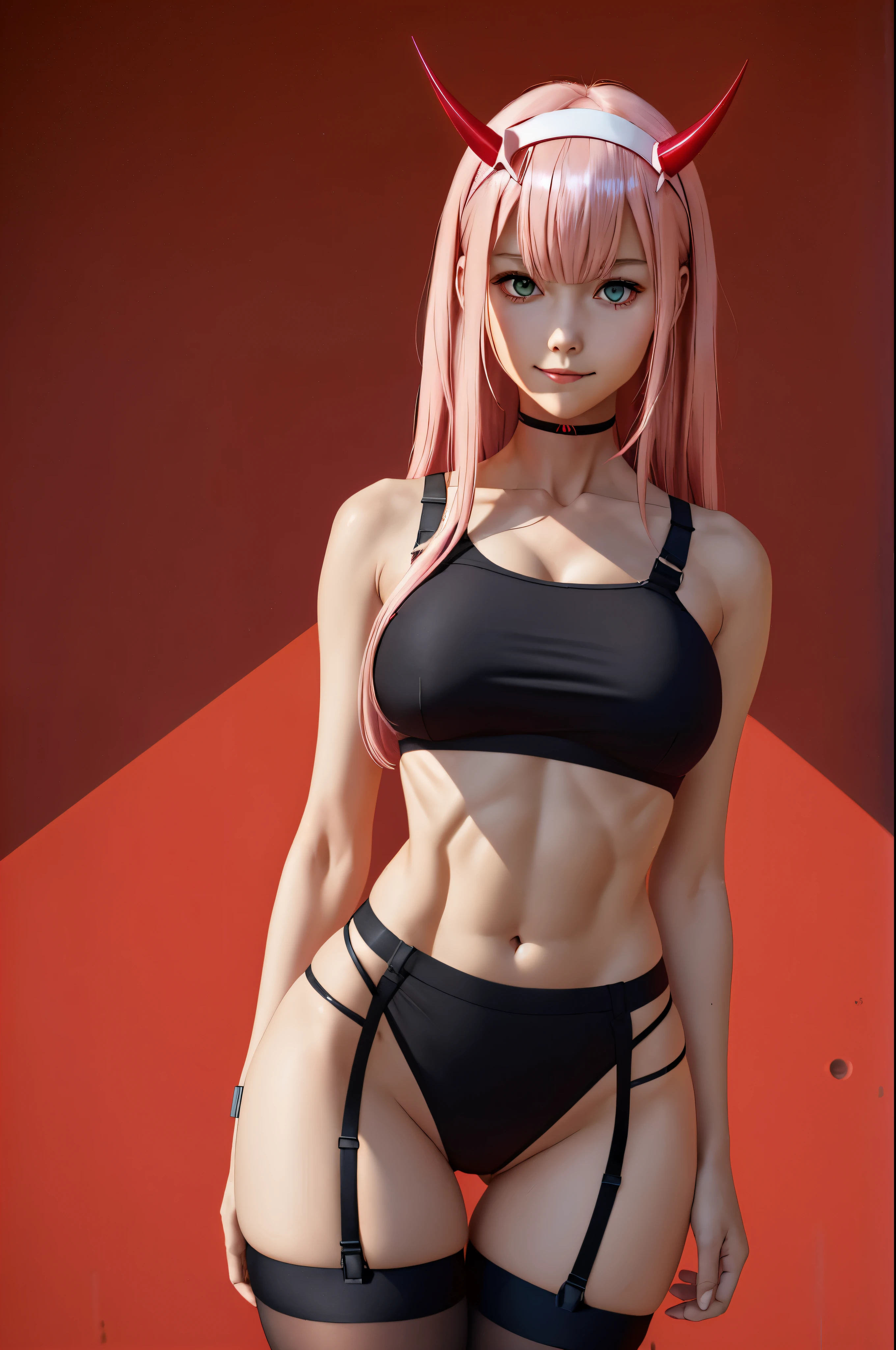 1 girl, Zero two (Darling in France) with red horns and red eyeliner, wear a hair band, shimmery pink hair, peeking out from under a strict white bandage. Her grin reveals her slender, but a beautiful figure., wearing a crop top, exposing her toned stomach, press, and navel. Her collarbone is highlighted with a red gradient background.. abandonment of modesty, She looks at the viewer, her big breasts exposed, covered with black thong panties., black stockings, and upskirt, who teases with a look at her ass. The background text reads: "Damn it," adding to