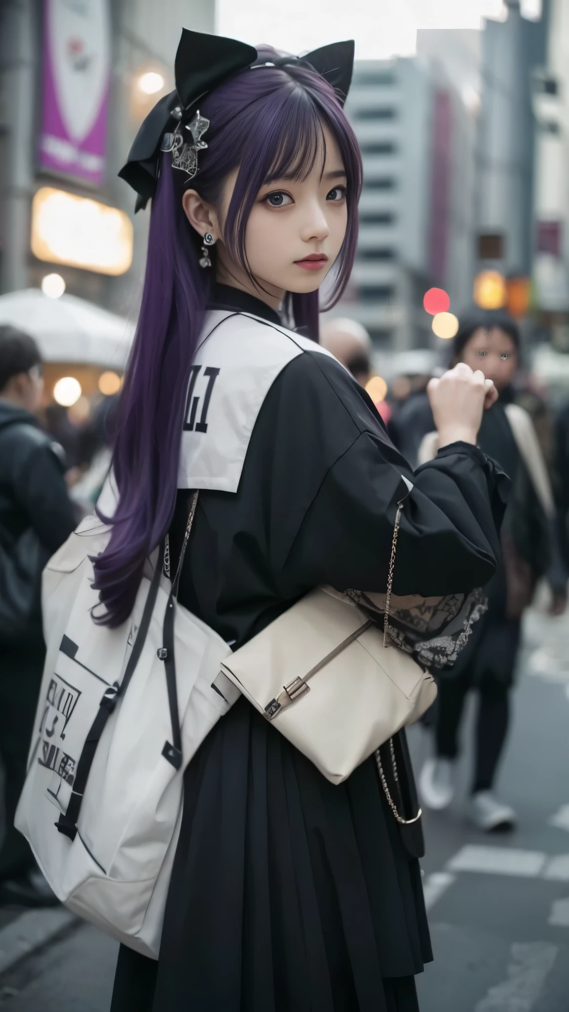 (realism:1.5、realistic:1.5、realism:1.5)masterpiece:1.5、high quality、high resolution、High resolution、RAW photo、Japanese、hyper detail、happy、purple hair、gothic punk、