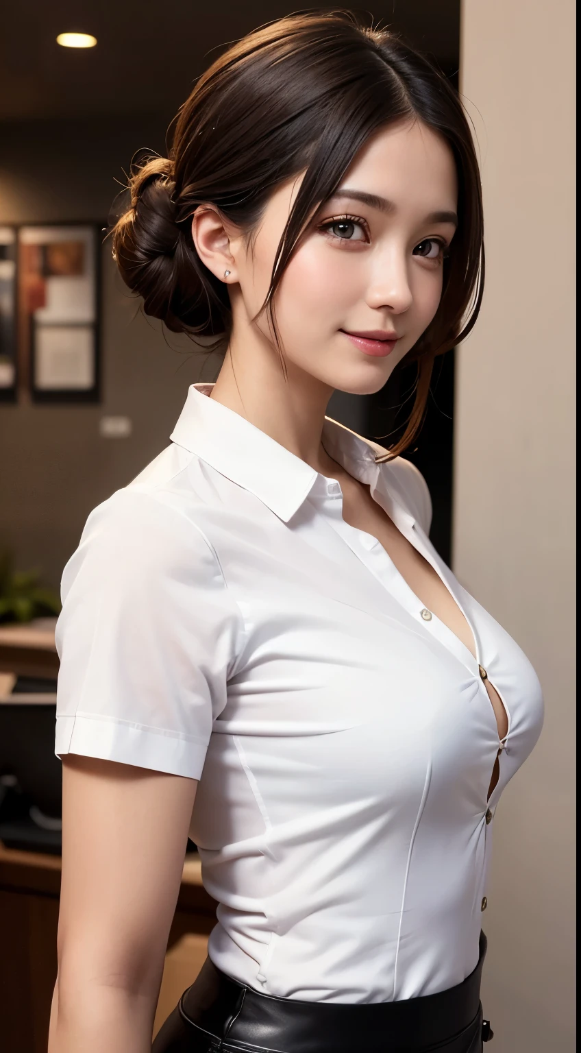 ((best quality, 8K, masterpiece)), ultra-detailed, sharp focus, 1 beautiful woman, updo, (white button shirt), ((tight shirt:1.4)), black tight skirt, highly detailed face and skin texture, ((detailed eyes)), ((beautiful eyes:1.2)), smile, office, side view, (red bra)