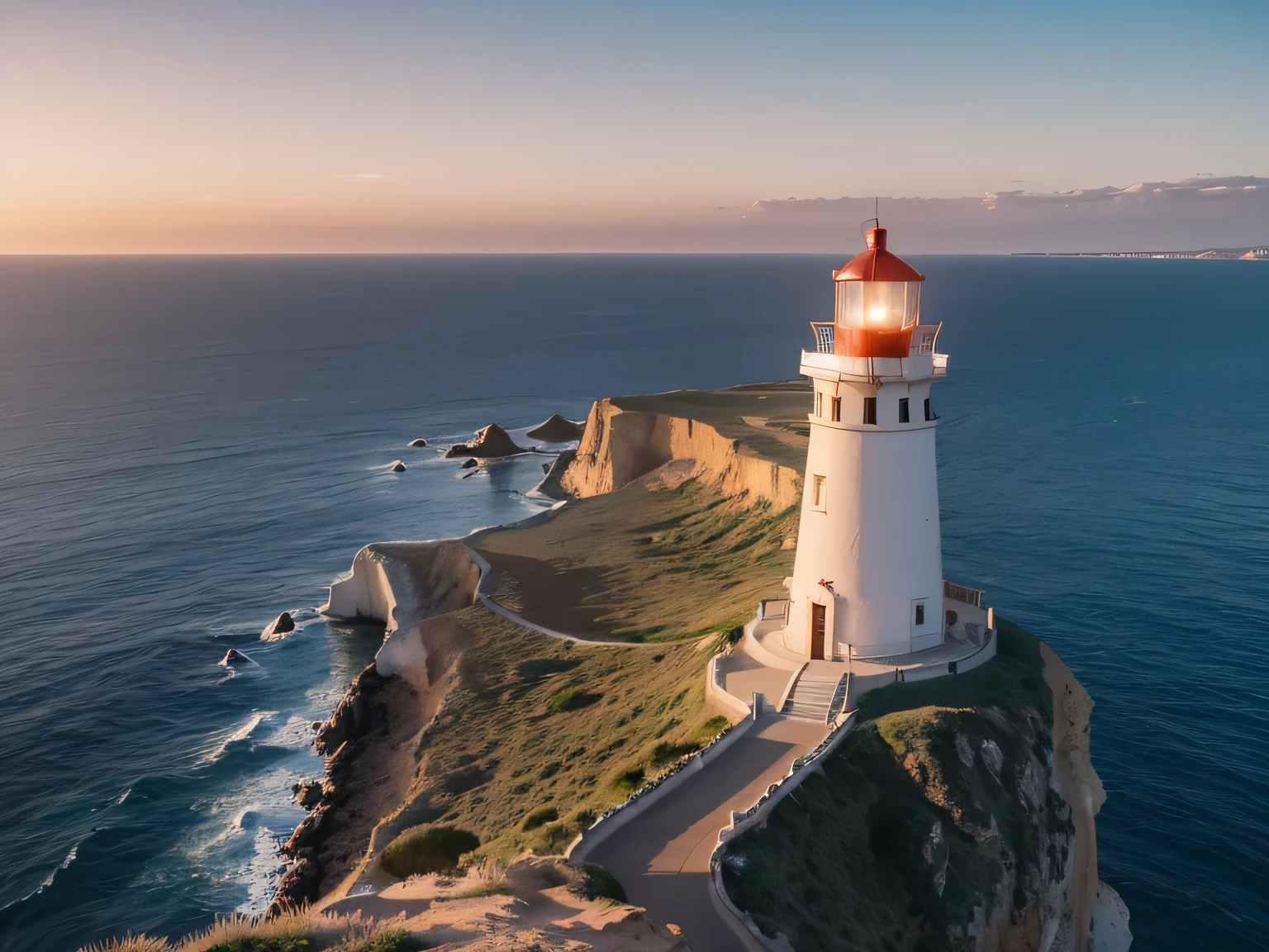 arafed view of a lighthouse on a cliff overlooking the sea, lighthouse, lighthouse, a road leading to the lighthouse, earlier, bold lighthouse in horizon, lit in the light of dawn, lighthouse in the desert, momentum, look to the right, Scenic backdrop, overlooking the sea, is an amazing, Cliff edge, 