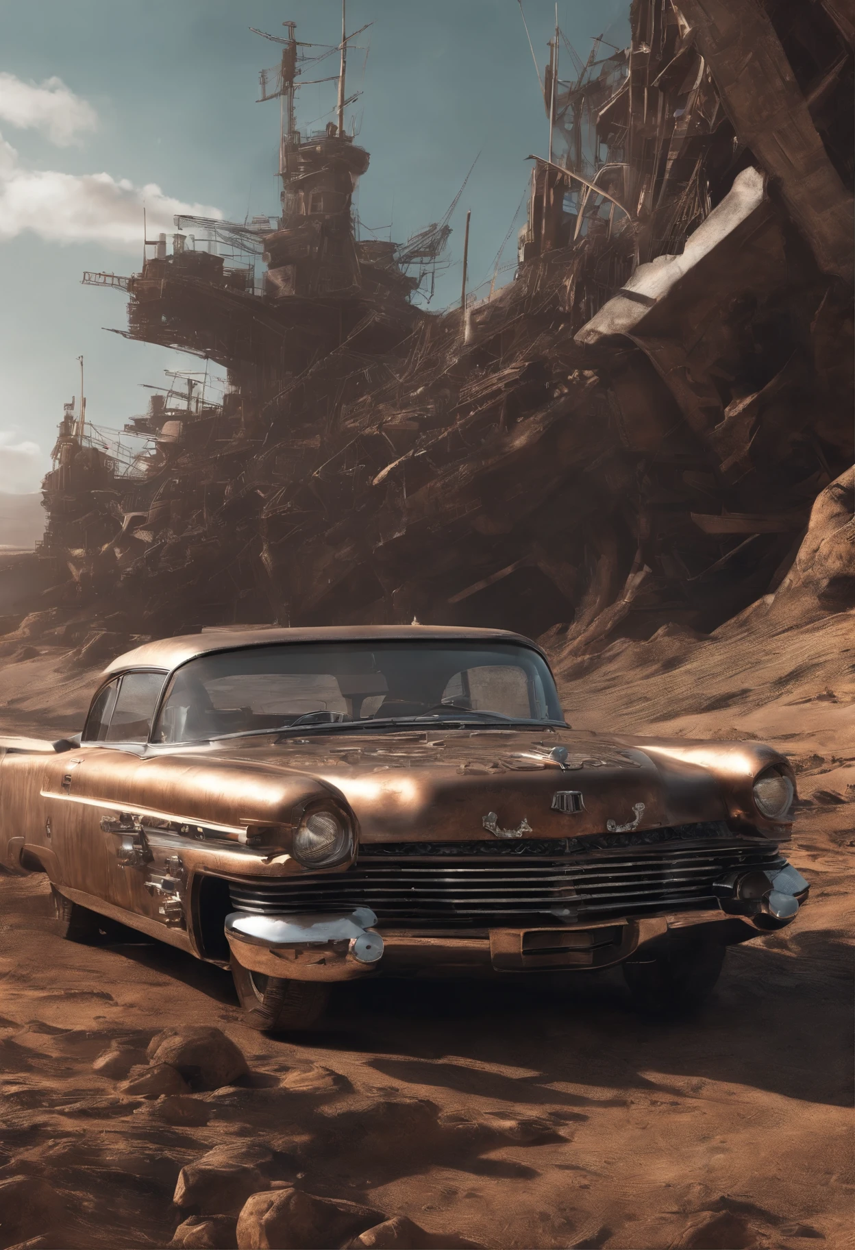 faithful image of a rusty old 1955 cadilac eldorado with spikes and spikes on the hood, carro steampunk, dramatic art, estilo de arte dieselpunk, apocalyptic road warrior vibe, a girl wearing sunglasses is inside the car, arte digital surrealista, Mad Max inspirado, heavy metallic artwork, simetria da face cromada, arte steampunk digital, no estilo Mad Max, metallic art, not art style by Filip Hodas, arte digital steampunk, dieselpunk, em um mundo hightech