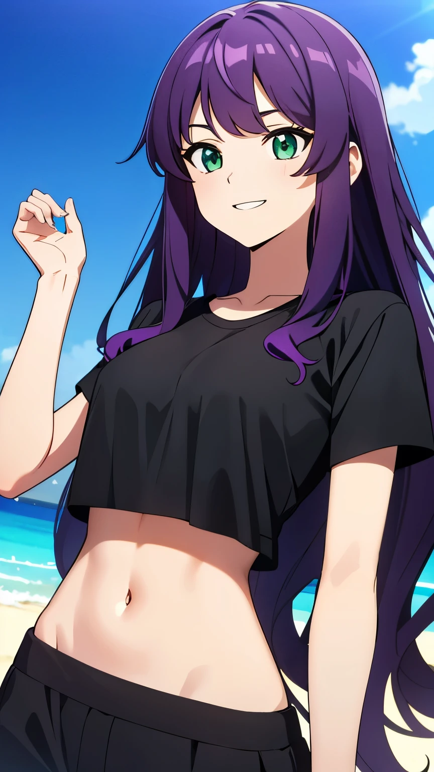 alone, 
long hair, wavy hair, purple hair, dull bangs, green eyes, medium breasts, black t-shirt, open your mouth, smile, 
summer, beach, scatter, from below, 
masterpiece, highest quality, disorganized,