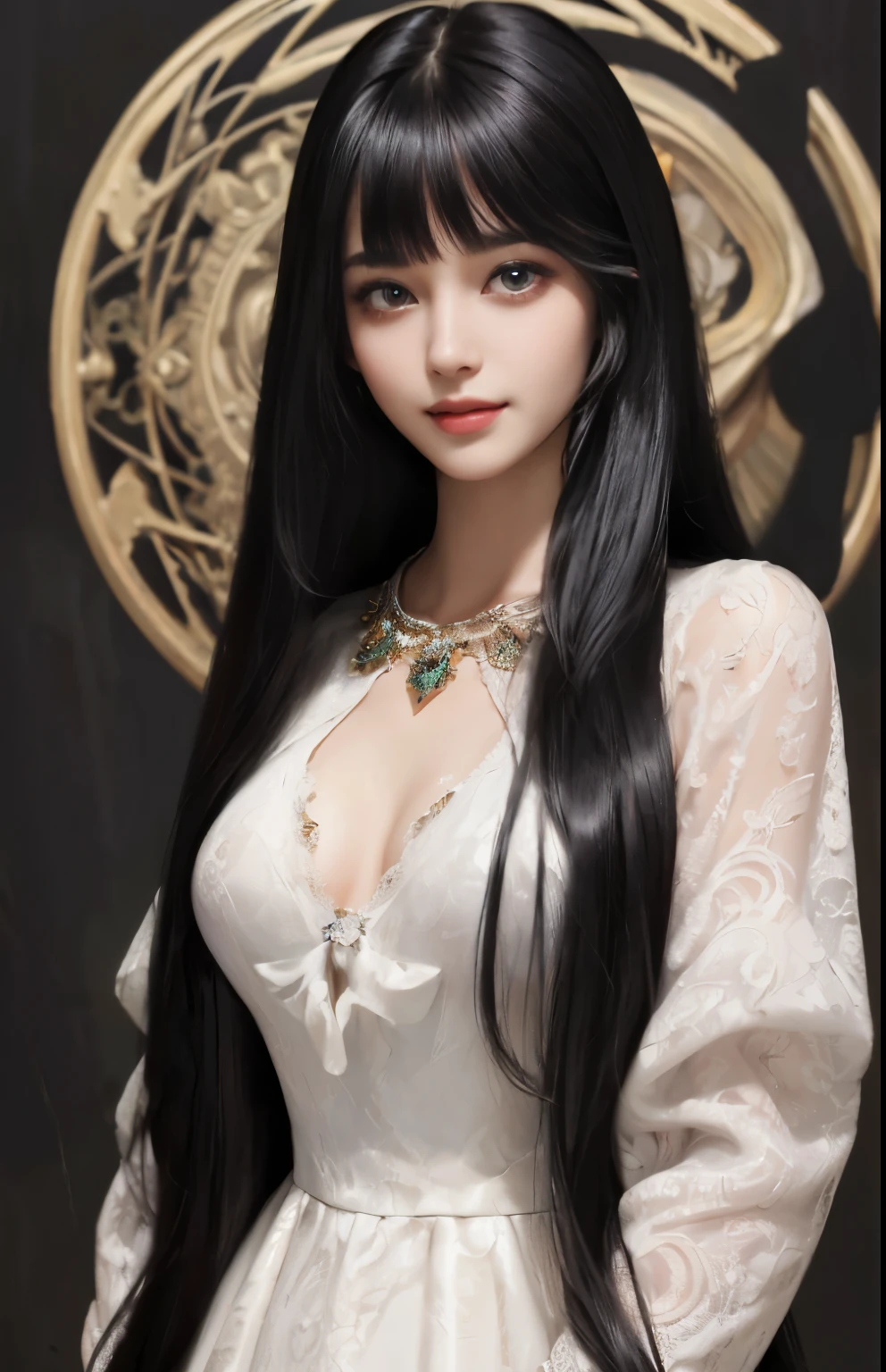 (surreal), (shape), (Improved resolution), (8k), (very detailed), (Best shape), (beautiful and detailed eyes), (highest quality), (Super detailed), (masterpiece ), ( wallpaper), (detailed face), 1 girl, 17 years old, white dress, Large and loose chest, looking at the viewer, small details, detailed face, in the dark, deep shadow, private key, Pure erotic face ace_v1, smile, long hair, black straight hair , 46 point diagonal bangs