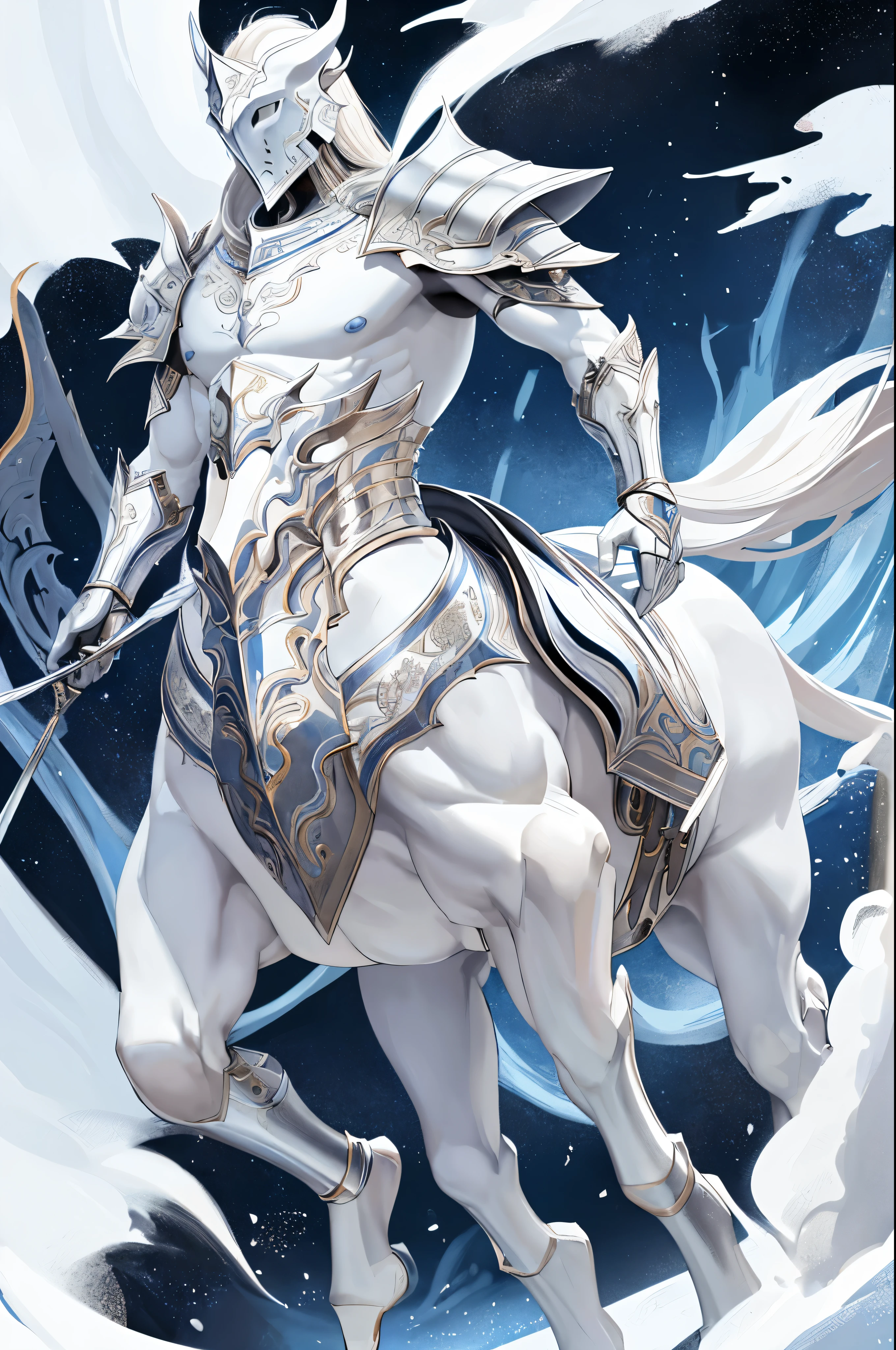 1 male centaur paladin，white horse lower body ,anatomy correct, (Exquisite helmet)，silver and blue armor，Delicate pattern，Oriental elements，Ink painting style, Clean colors,silver space, Soft lighting, ( Bokeh)，Masterpiece, Super detailed, Epic composition, Highest quality, 4K，full body 