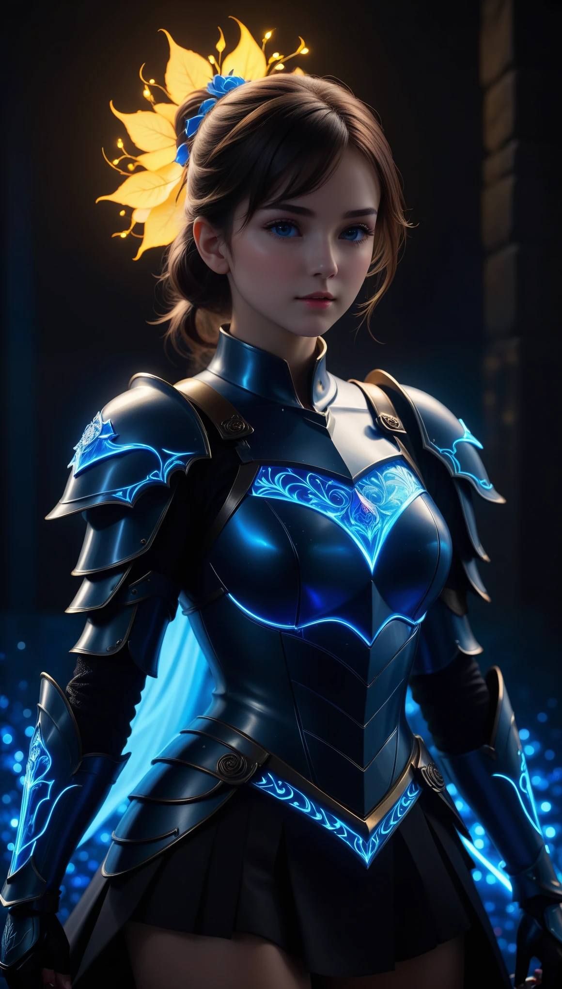 best quality,4k,highres,masterpiece:1.2,ultra-detailed,realistic:1.37,studio lighting,sharp focus,physically-based rendering,extreme detail description,professional,vivid colors,bokeh,(HDR,UHD),(oil painting),(portraits)

dark background, blue electric charges, bioluminescence, electric girl knight, silhouette, stylized, rose
