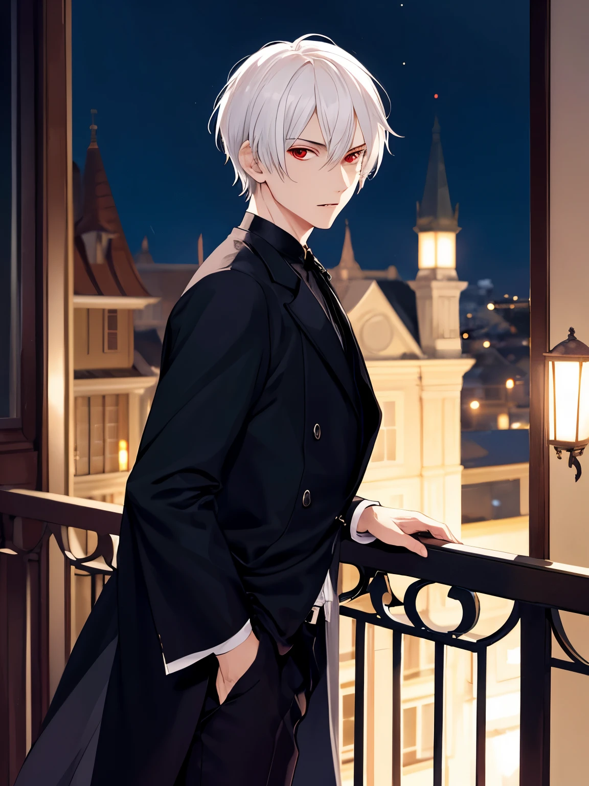 1man,Standing on the balcony, shocked expression,at night, Middle parted hair,in the vampire palace,close up camera,focus on face,handsome,short hair, straight hair, white hair,black shirt, black trousers, black robe, red eyes, vampire