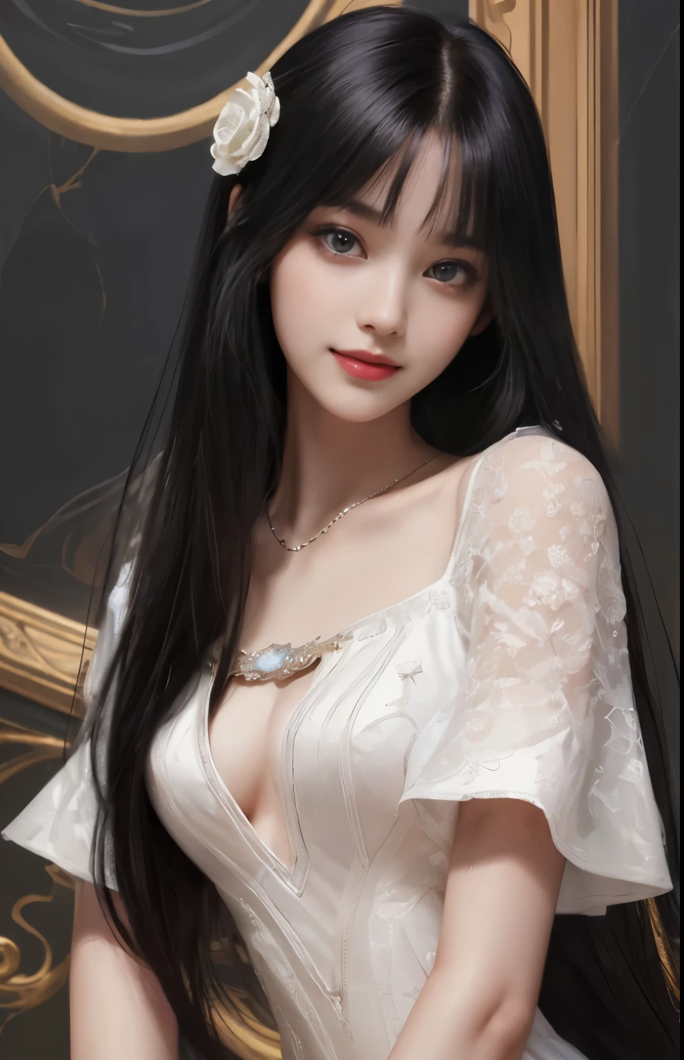(surreal), (shape), (Improved resolution), (8k), (very detailed), (Best shape), (beautiful and detailed eyes), (highest quality), (Super detailed), (masterpiece ), ( wallpaper), (detailed face), 1 girl, 17 years old, white dress, Large and loose chest, looking at the viewer, small details, detailed face, in the dark, deep shadow, private key, Pure erotic face ace_v1, smile, long hair, black straight hair , 46 point diagonal bangs