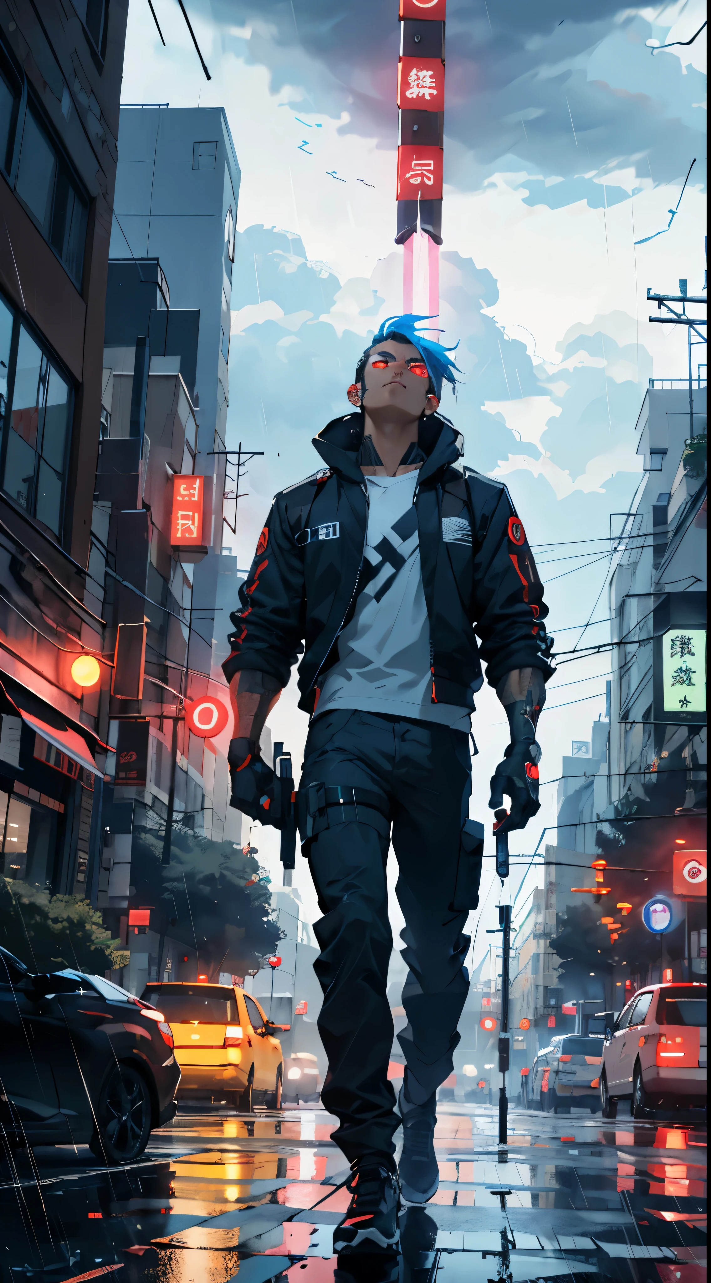 Cyborg with carrying a neon sword at the back red eyes, power core at the center, looking up while raining with thunder clouds in the downtown city street