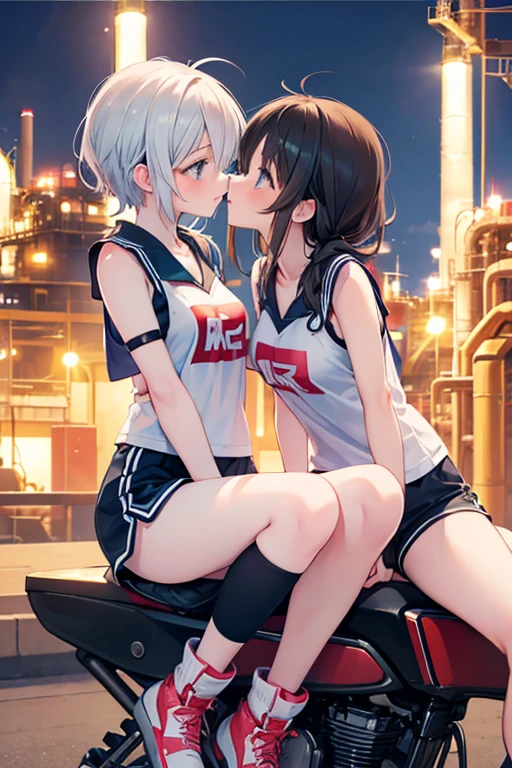 Two cute anime girls kiss while sitting on motorcycles saddle, at petrochemical plant, basketball uniform, short shorts, at night