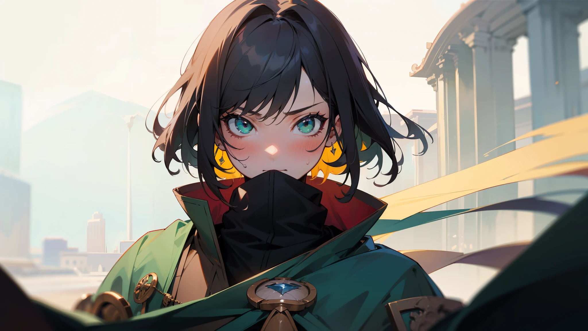 Algeria Pendragon (destiny), masterpiece, best quality, high resolution, Super detailed, Art book,art book, anime coloring, CG, illustration, fantasy, 1 girl, alone, male focus, looking at the audience, Atolian Pendragon (destiny\), everyday clothes, Delicate and beautiful face and eyes,Oppressive environment, Capable and slender figure ,dexterous dynamic masterpiece, best quality, high resolution, Super detailed,1 girl, alone, temple, ahog, green eyes, portrait, Permanently installed, looking at the audience, Sweat, blush, glare, A sense of redemption