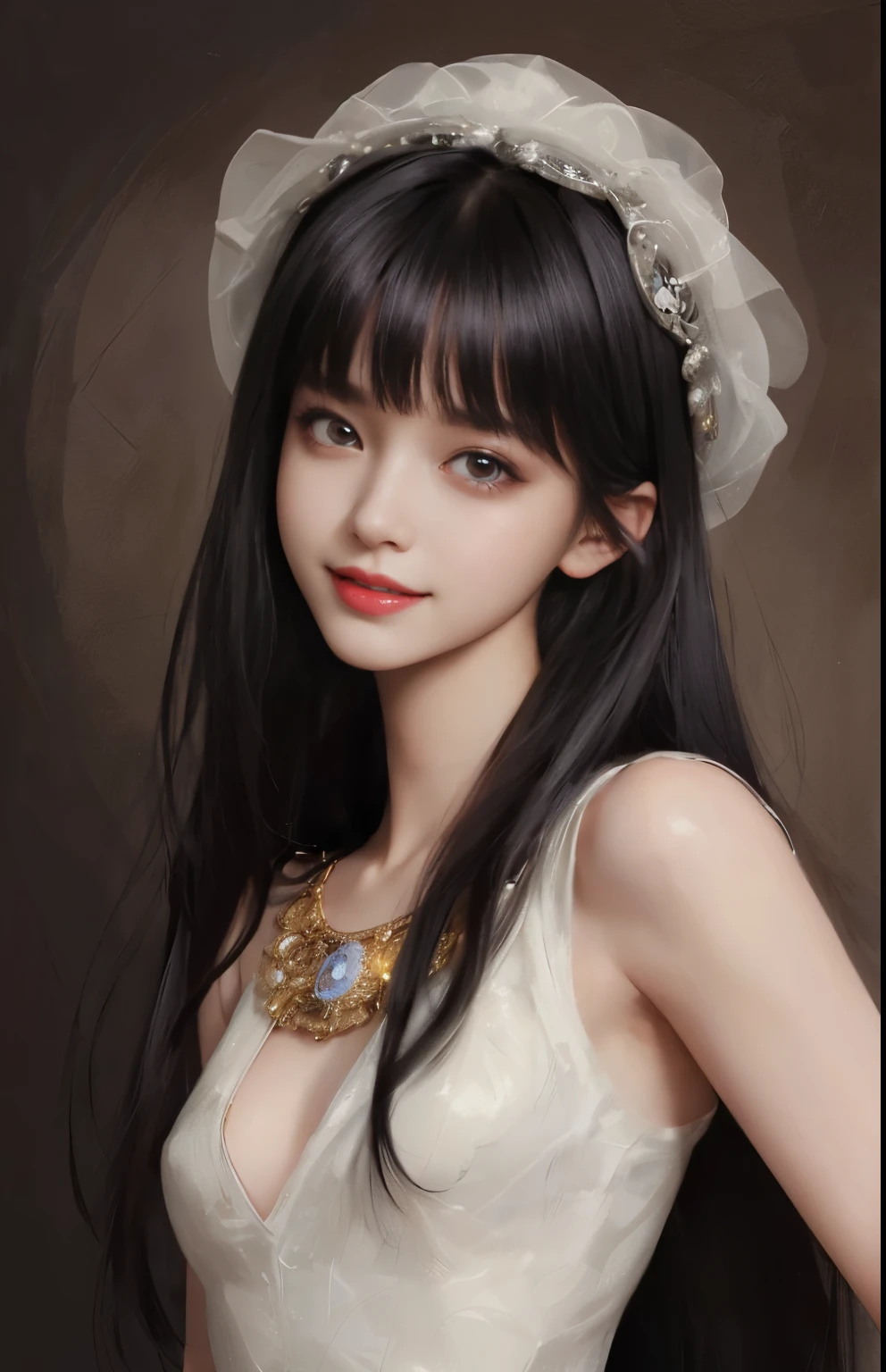 (surreal), (shape), (Improved resolution), (8k), (very detailed), (Best shape), (beautiful and detailed eyes), (highest quality), (Super detailed), (masterpiece ), ( wallpaper), (detailed face), 1 girl, , white dress, Large and loose chest, looking at the viewer, small details, detailed face, in the dark, deep shadow, private key, Pure erotic face ace_v1, smile, long hair, black straight hair , 46 point diagonal bangs