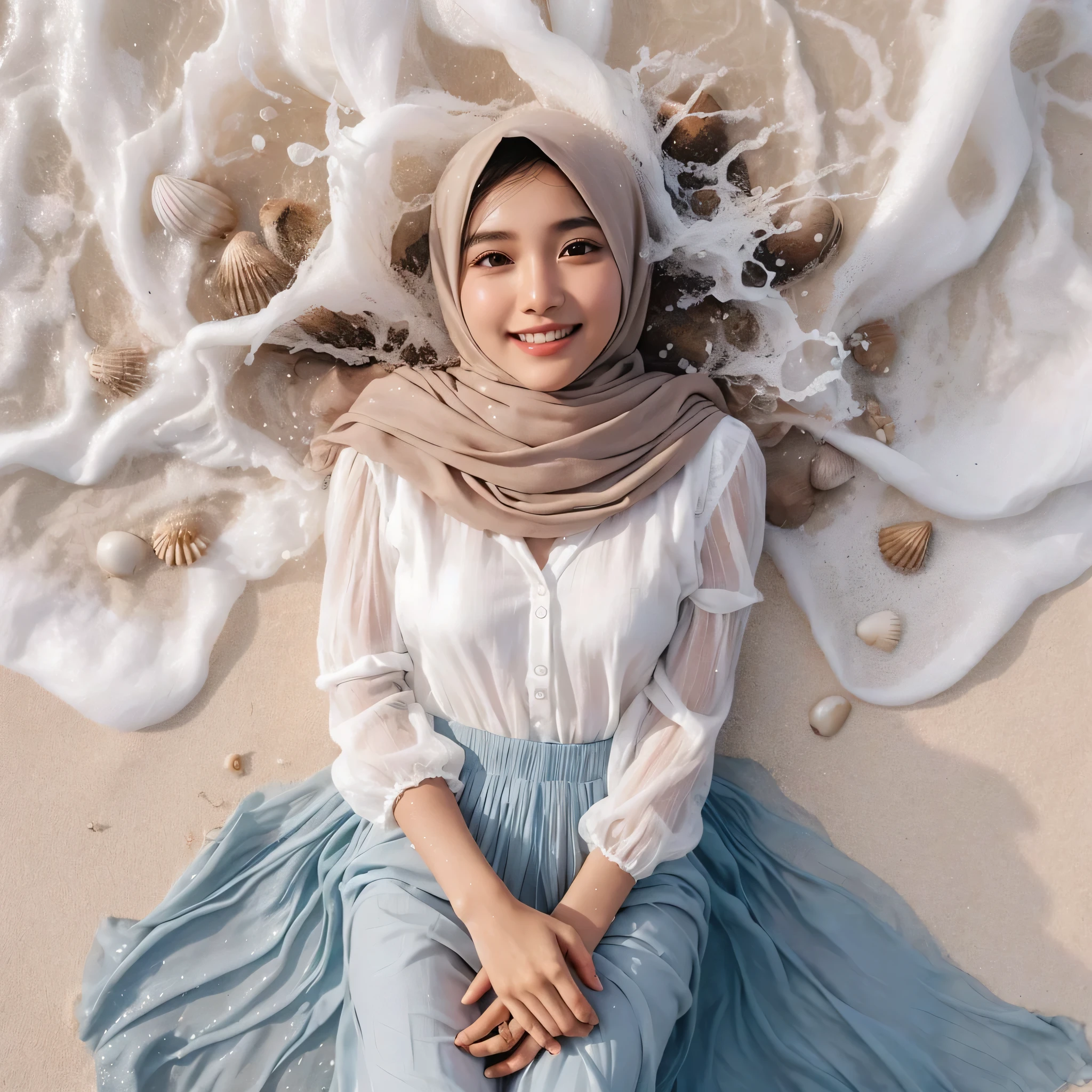 Generate img
TYPE : Beauty Photography
THEME : Natural
RACE : Indonesian, young
PERSON 1 : Early 20s, woman hijab
SCENE : outdoor , a woman is lying on White sand beach , body and hair covered by sea waves, lie up , open eyes , smile , cute expression , surrounded by white sand and sea water, small shells. The person is wearing a white blouse and a light blue long skirt that full covers her legs, and their white hijab is spread out around them. , half body view , water effect , water splash
PROPS: white sand and sea water, small shells , long full closed skirt, white hijab made from shifon fabric
CAMERA : photographed using an Canon eos 90d DSLR camera with 18-135mm lens
, best preset lighting , skin texture , detailed face ,
ANGLE : angled from sky ,High Dynamic Range (HDR) shot , rule of third
adjust the gesture as in the example image