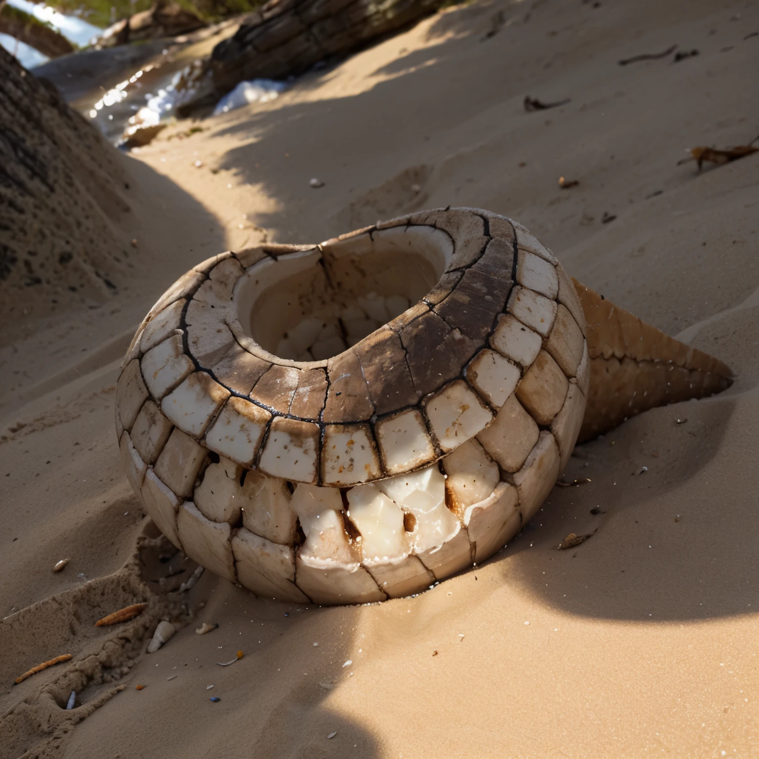 "A tooth basking in the sun on the beach."