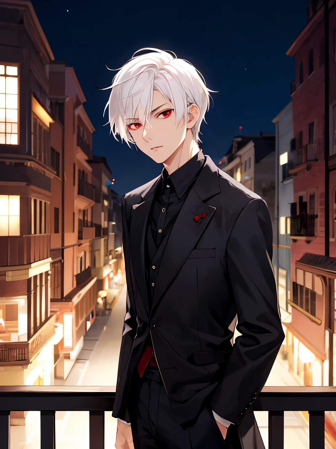 1man,Standing on the balcony, shocked expression,at night, two block hair style,in the vampire palace,close up camera,focus on face,handsome,short hair, straight hair, white hair,black shirt, black trousers, black robe, red eyes, vampire