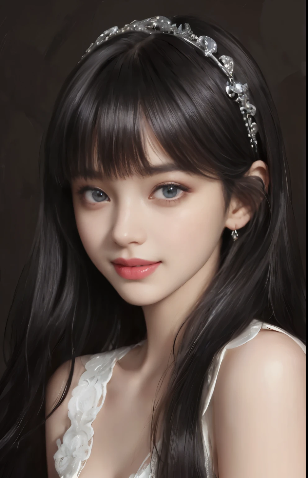 (surreal), (shape), (Improved resolution), (8k), (very detailed), (Best shape), (beautiful and detailed eyes), (highest quality), (Super detailed), (masterpiece ), ( wallpaper), (detailed face), 1 girl, 17 years old, white dress, Large and loose chest, looking at the viewer, small details, detailed face, in the dark, deep shadow, private key, Pure erotic face ace_v1, smile, long hair, black straight hair , 46 point diagonal bangs