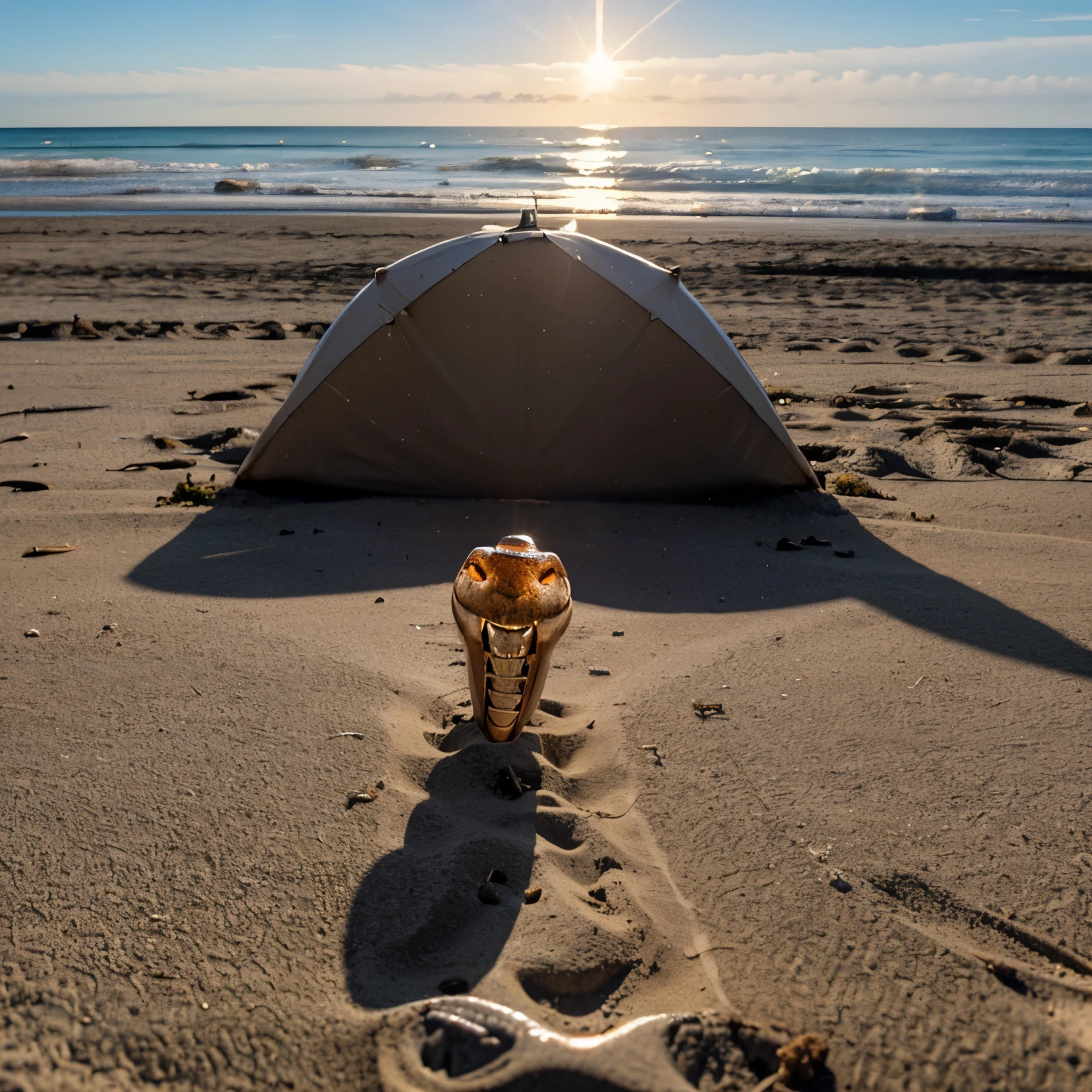 "A tooth basking in the sun on the beach."