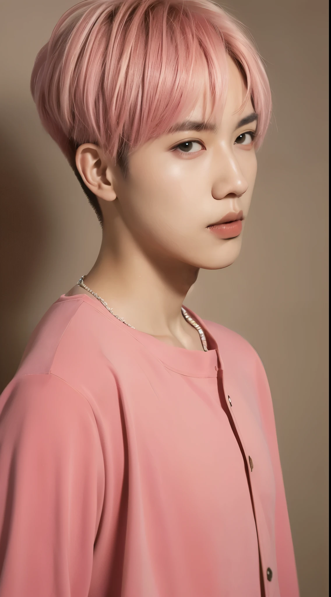 8K,one Korean male model ,Unique hair details , short hair, white background, Pink hair,K-pop,smile, soft light,cool face,detailed eyes and face, beautiful lighting, (studio), Hight Resolution, detailed mouth,