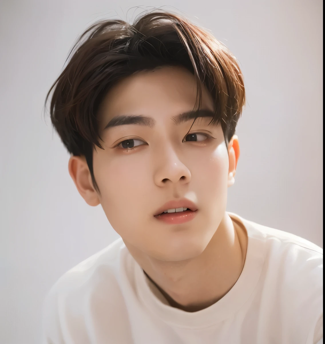 8K,one Korean male model ,Unique hair details , short hair, white background, Pink hair,K-pop,smile, soft light,cool face,detailed eyes and face, beautiful lighting, (studio), Hight Resolution, detailed mouth,