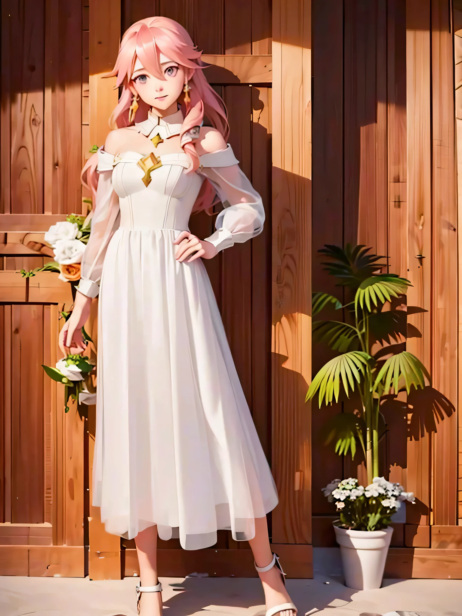 (Soleil from Fire Emblem) (a long wedding dress) (full body) (high quality) (moon and stars in the background) (Dynamic pose) (realistic color) (4K)