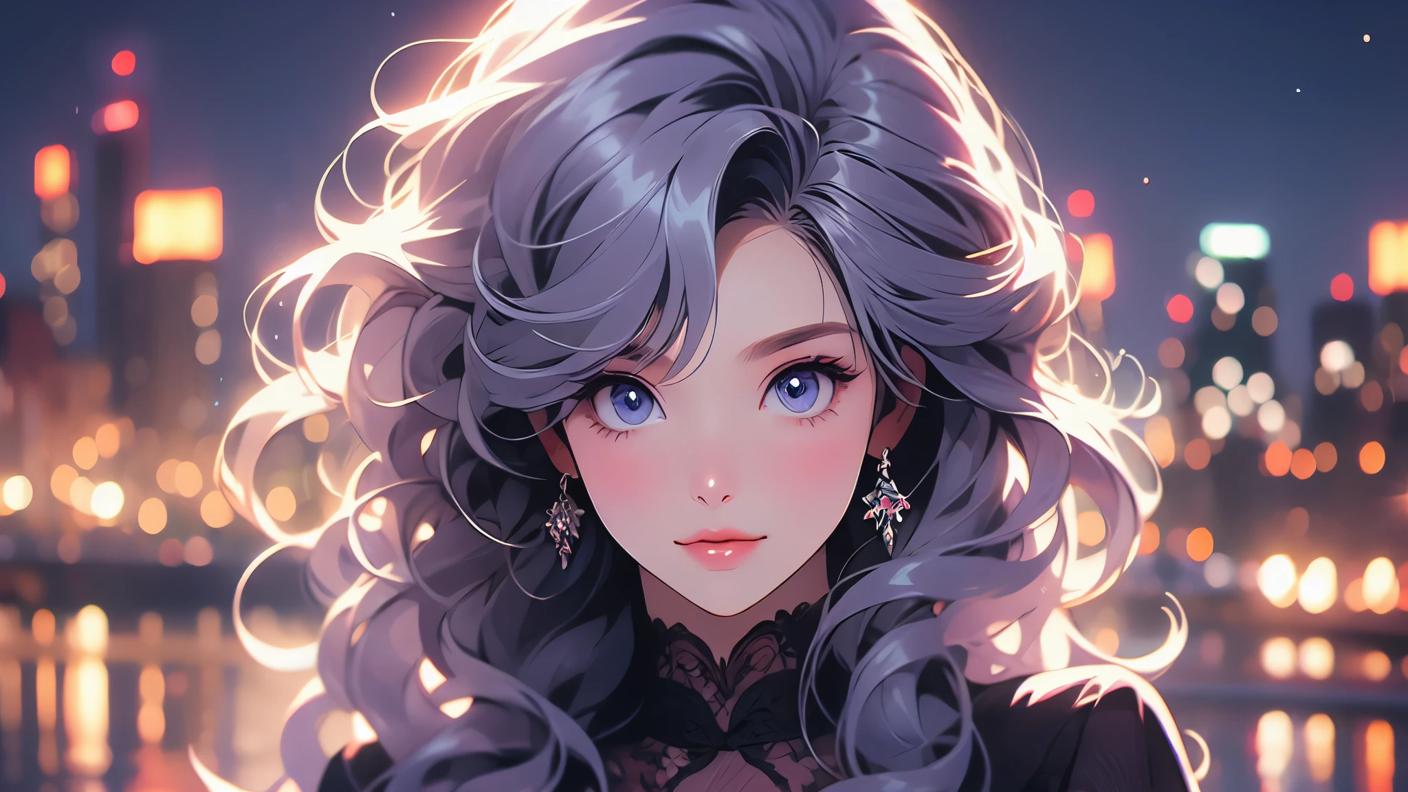 Portrait of a mature woman with long purple wavy hair and curly hair, side swept bangs, blue eyes, light tanned skin, confident smile, Wearing black dress, In a city home, at night.
