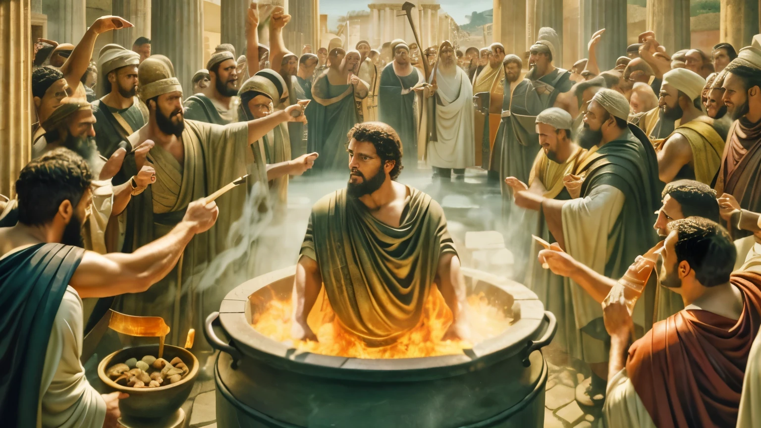 there is a image of Apostle John in a large boiling pot with roman people around him and pointing him, beware the ides of march, as an offering to zeus, stoic attitude, stoicism, petros, brutus, stoic, by John La Gatta, archimedes, boiling, by Juan Carlos Stekelman, by Antonio Rotta, by Jason Felix, same design, 16k resolution, with expression, realistic image, hyper realistic image
