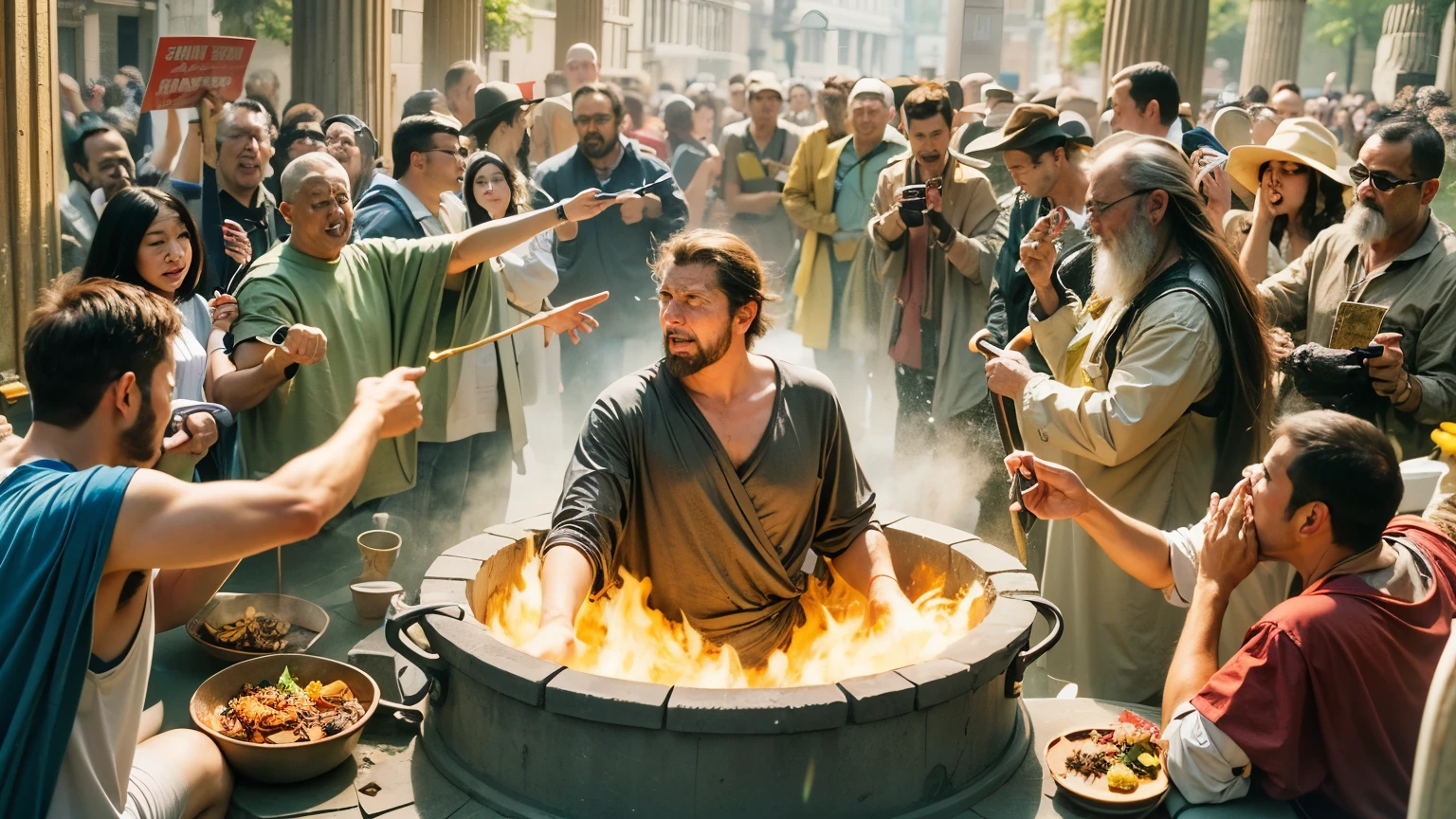 there is a image of Apostle John in a large boiling pot with people around him and pointing him, beware the ides of march, as an offering to zeus, stoic attitude, stoicism, petros, brutus, stoic, by John La Gatta, archimedes, boiling, by Juan Carlos Stekelman, by Antonio Rotta, by Jason Felix, same design, 16k resolution, with expression, realistic image, hyper realistic image