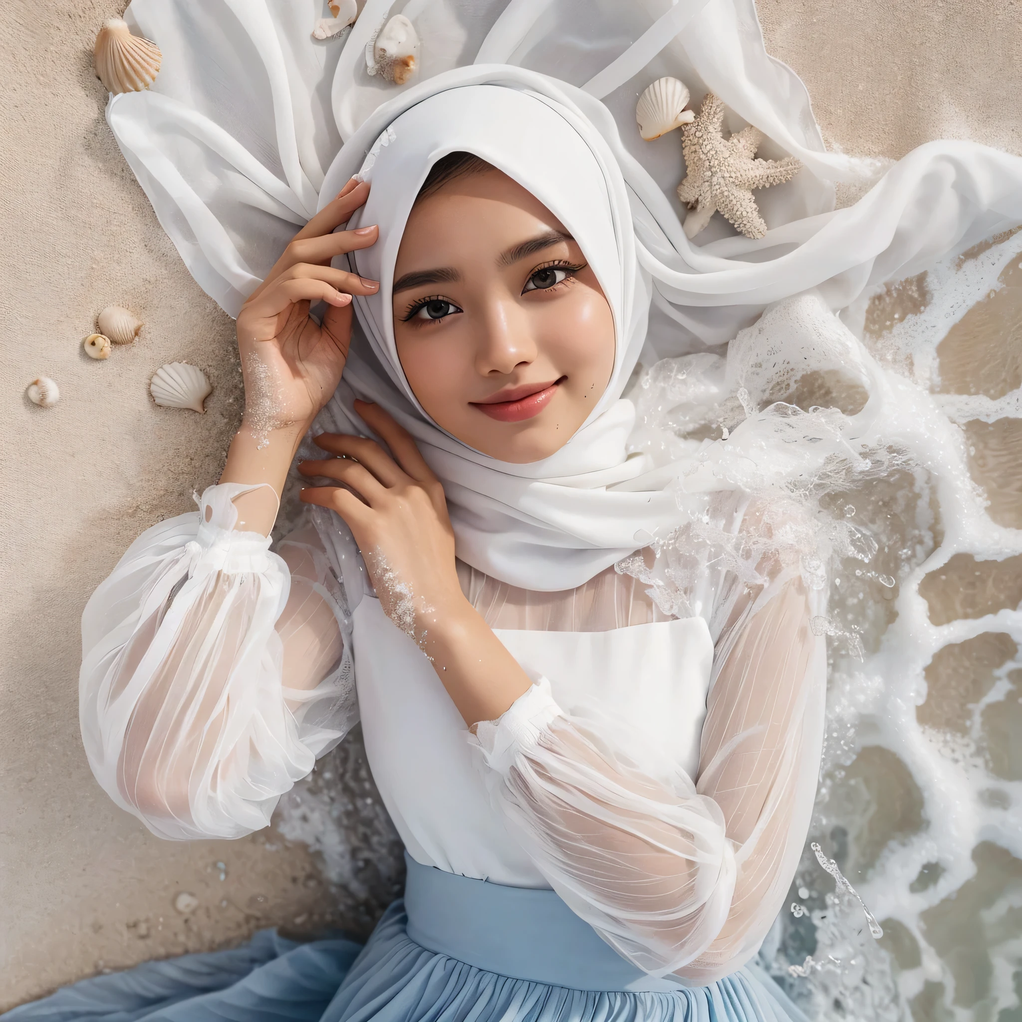 Generate img
TYPE : Beauty Photography
THEME : Natural
RACE : Indonesian, young
PERSON 1 : Early 20s, woman hijab
SCENE : outdoor , a woman is lying on White sand beach , body and hair covered by sea waves, lie up , open eyes , smile , cute expression , surrounded by white sand and sea water, small shells. The person is wearing a white blouse and a light blue long skirt that full covers her legs, and their white hijab is spread out around them. , half body view , water effect , water splash
PROPS: white sand and sea water, small shells , long full closed skirt, white hijab made from shifon fabric
CAMERA : photographed using an Canon eos 90d DSLR camera with 18-135mm lens
, best preset lighting , skin texture , detailed face ,
ANGLE : angled from sky ,High Dynamic Range (HDR) shot , rule of third
adjust the gesture as in the example image